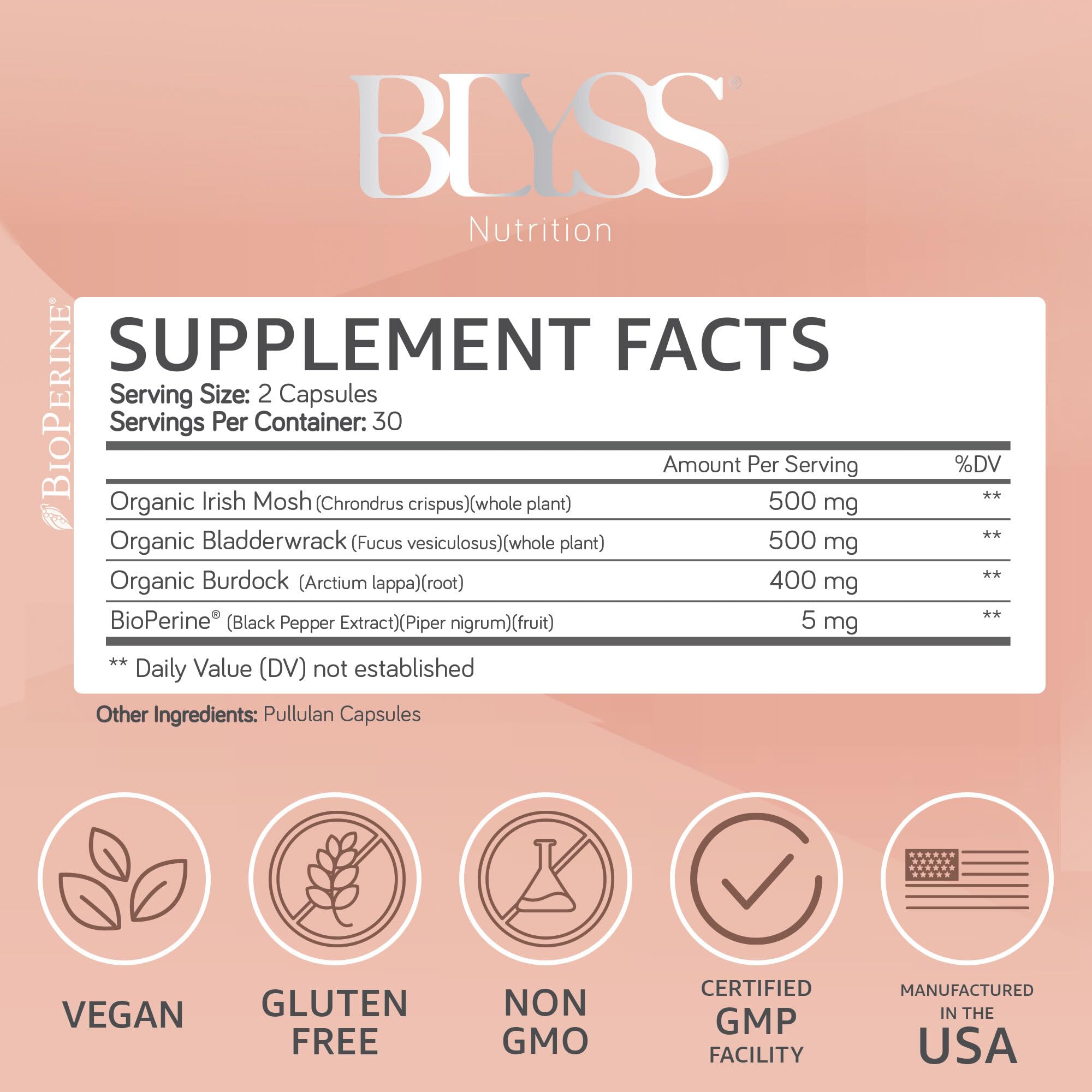Organic Irish Sea Moss Capsules with Burdock Root, Bladderwrack & Bioperine Black Pepper - Vegan Supplement for Energy, Gut Health, Thyroid Support & Anti-Aging - 60 Count - Perfect for Daily Wellness & Immune Boosting