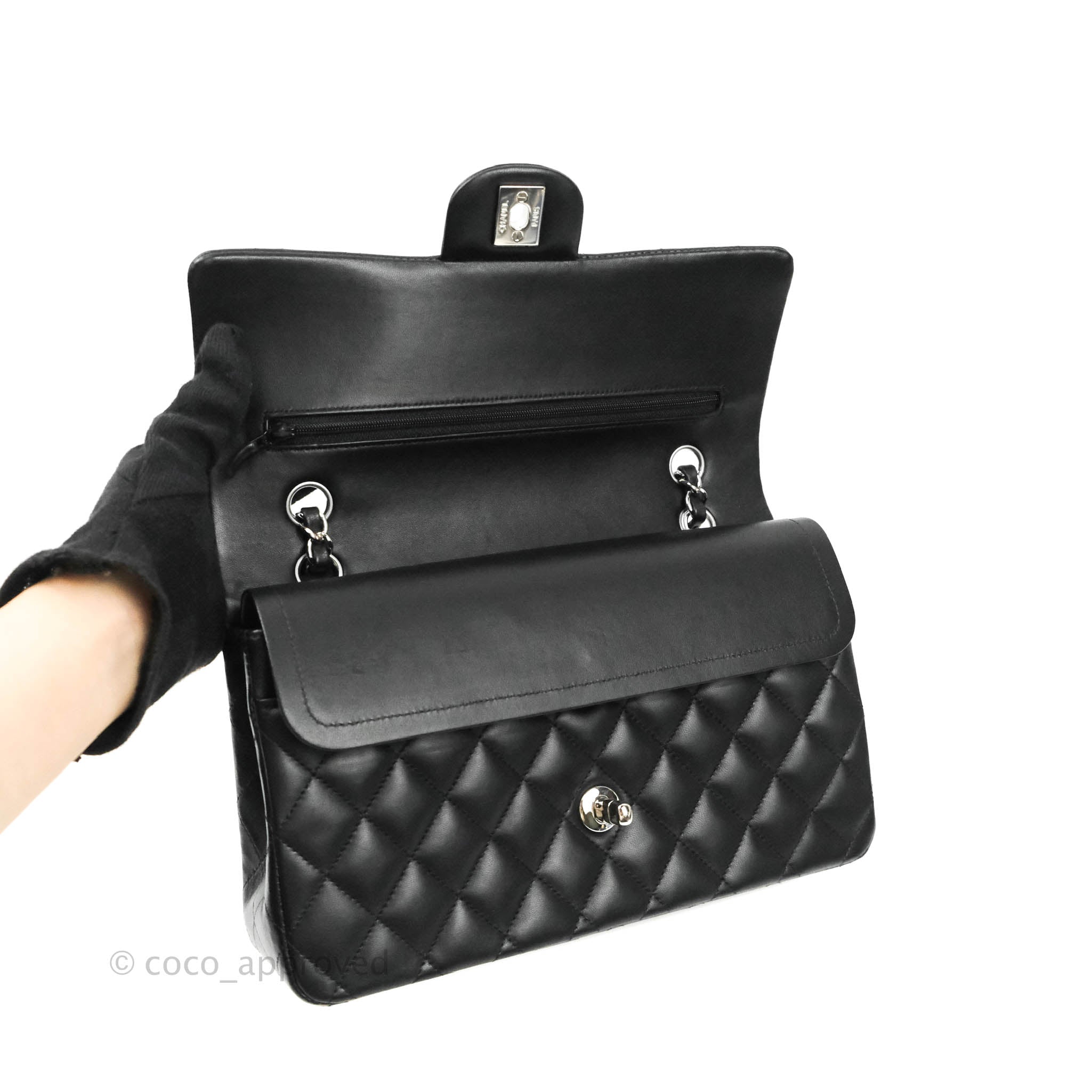 Chanel Classic Medium Double Flap Bag Black Lambskin Leather with Silver Hardware - Luxury Handbag for Women, Perfect for Evening Events & Special Occasions
