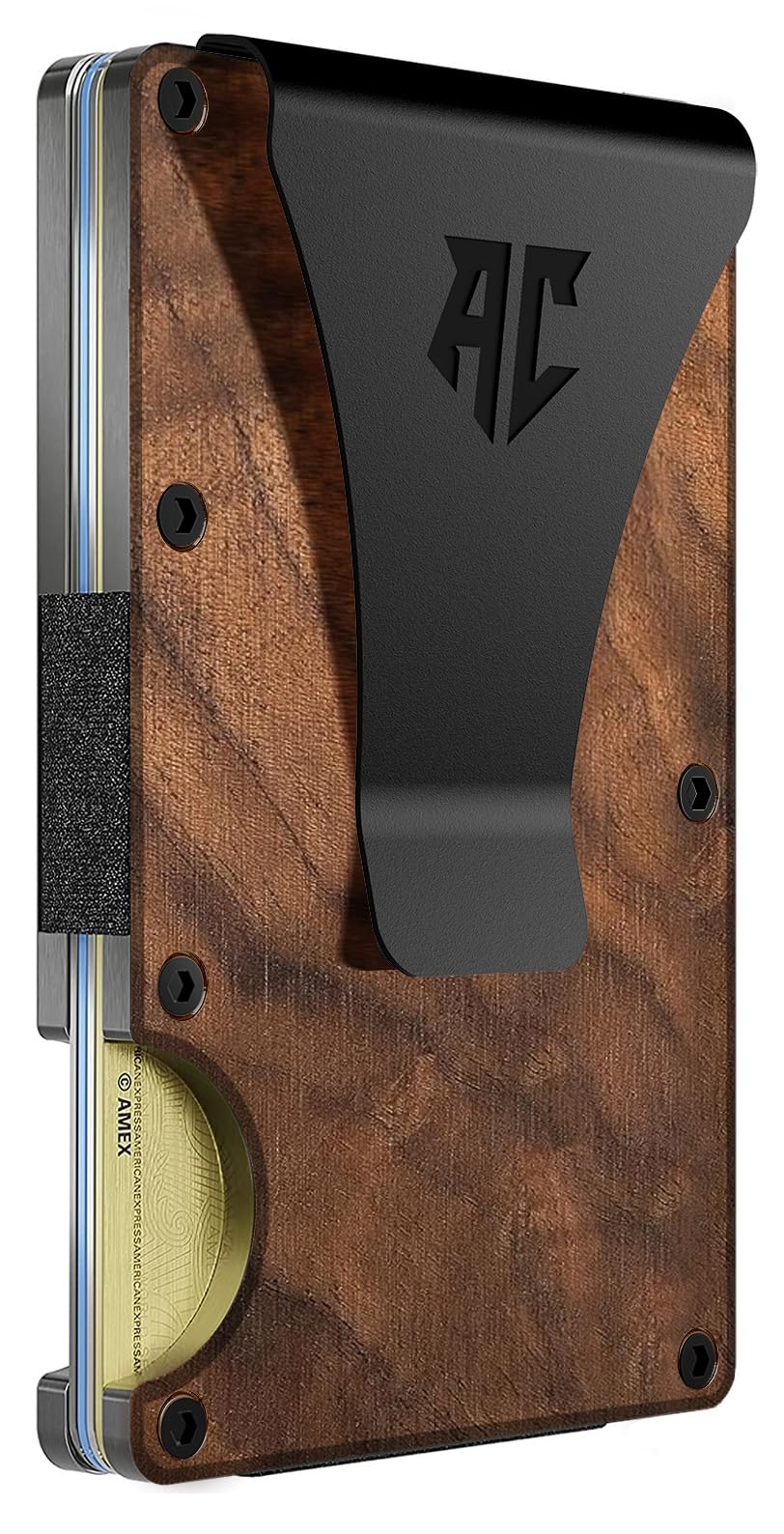 Slim RFID Blocking Minimalist Wallet for Men - Front Pocket Metal Credit Card Holder with Money Clip (Walnut) - Perfect for Travel, Business & Everyday Carry
