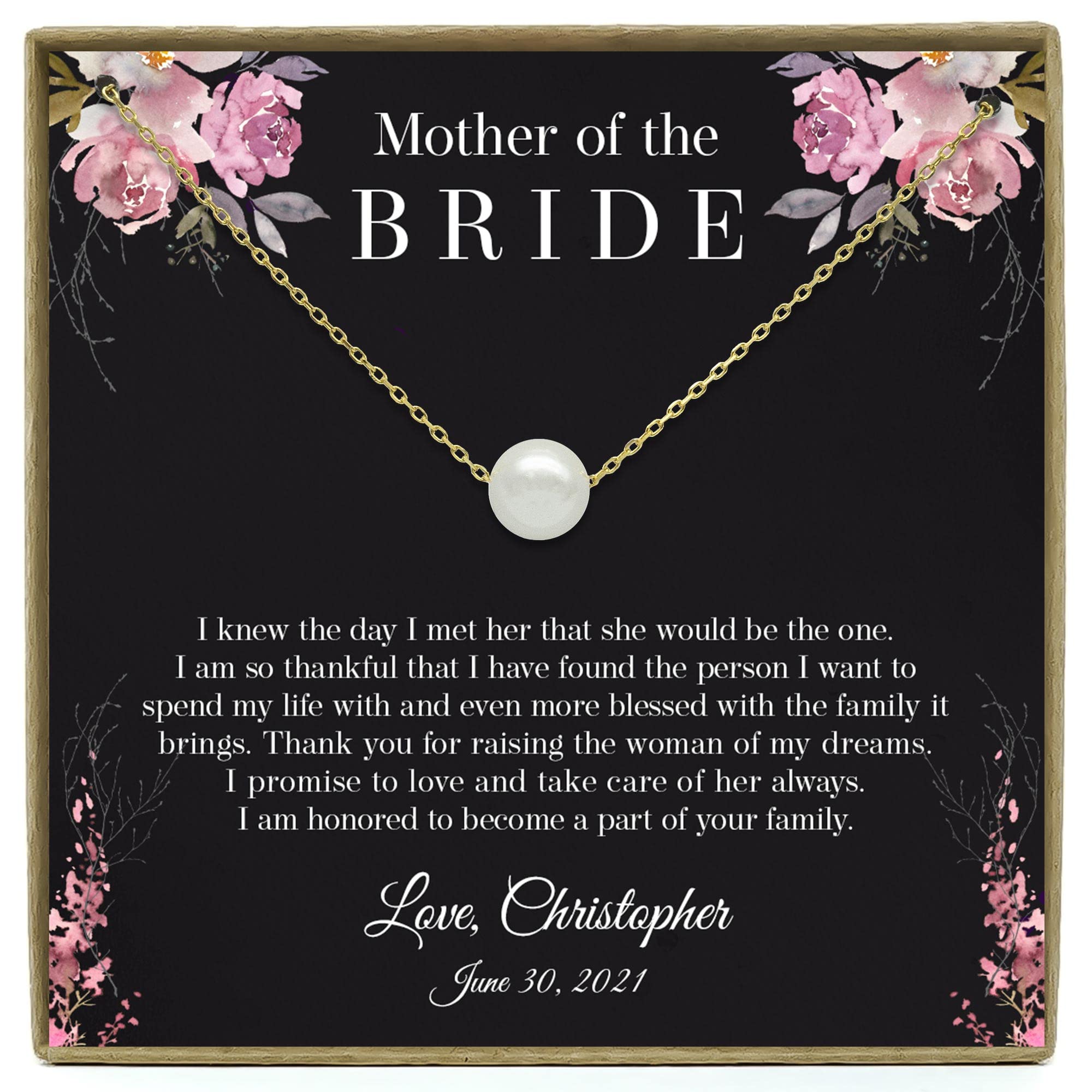 Personalized Mother of the Bride Silver Necklace - Wedding Gift for Mother-in-Law (Gold Pearl) - Perfect for Special Occasions