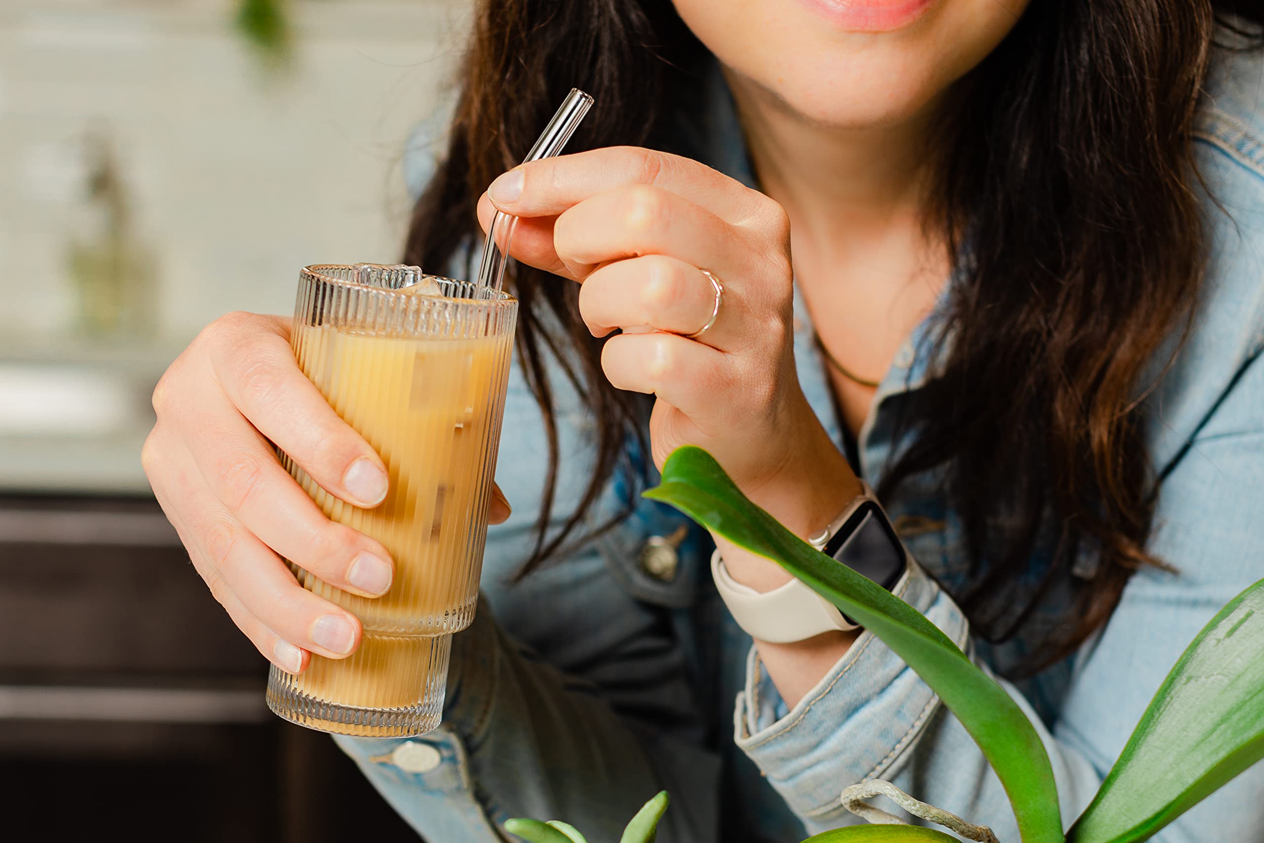 Premium 4-Piece Ribbed Glass Drinking Set with Glass Straws & Cleaner - Iced Coffee & Cocktail Tumblers - Perfect Housewarming Gift for New Home - Ideal for Parties, Daily Use & Home Decor