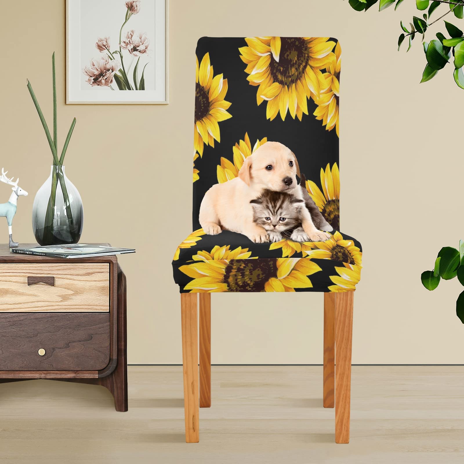 Black Sunflower Washable & Removable Dining Chair Covers - 4PCS Set for Home, Restaurant, Hotel, Wedding & Banquet | Spill-Proof & Stylish Seat Protectors for Everyday Use & Special Events