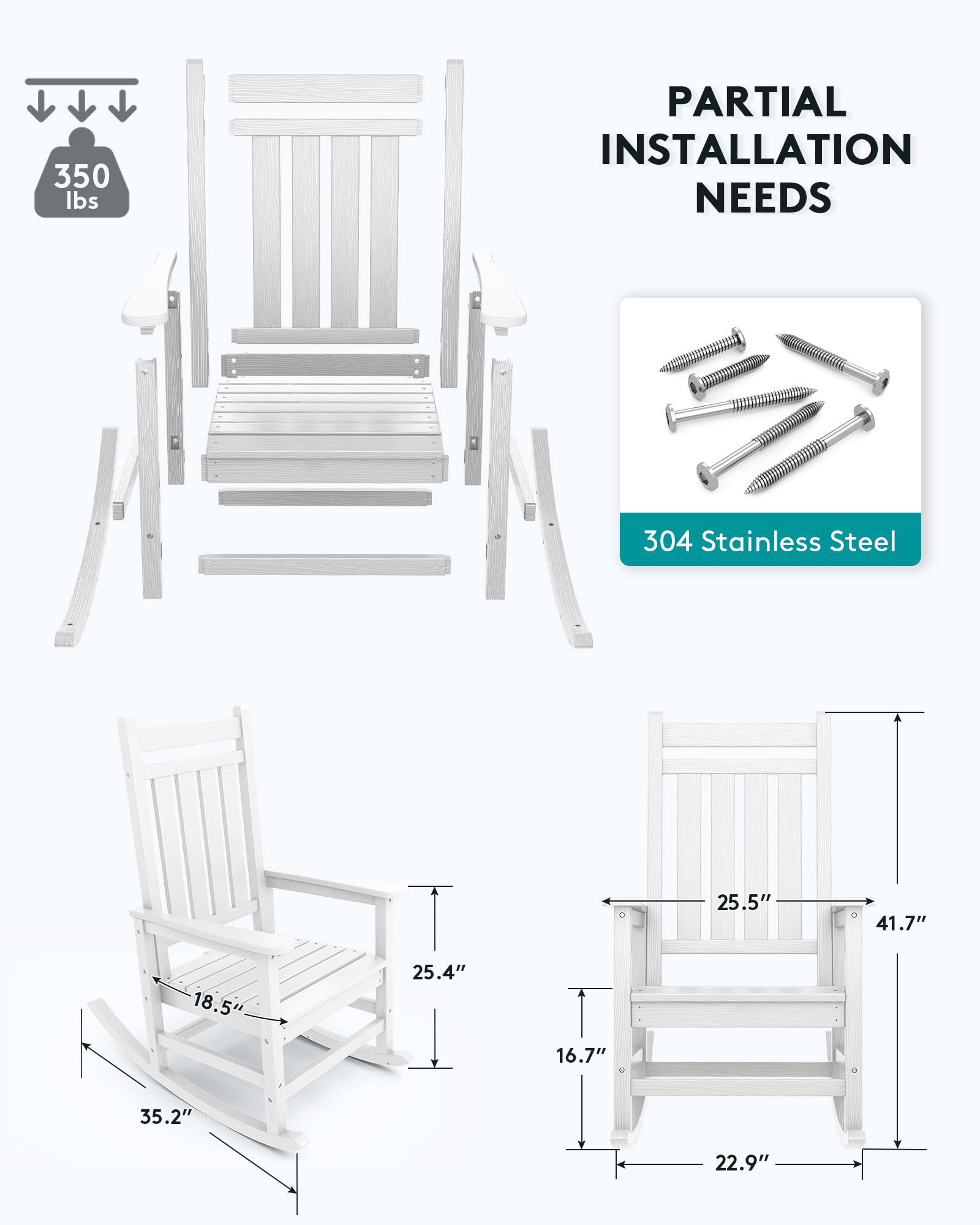 SERWALL Outdoor Rocking Chair for Adults - All-Weather HDPE Rocking Chair - White Patio Rocker for Lawn, Garden & Porch - Perfect for Relaxing, Reading & Enjoying Nature