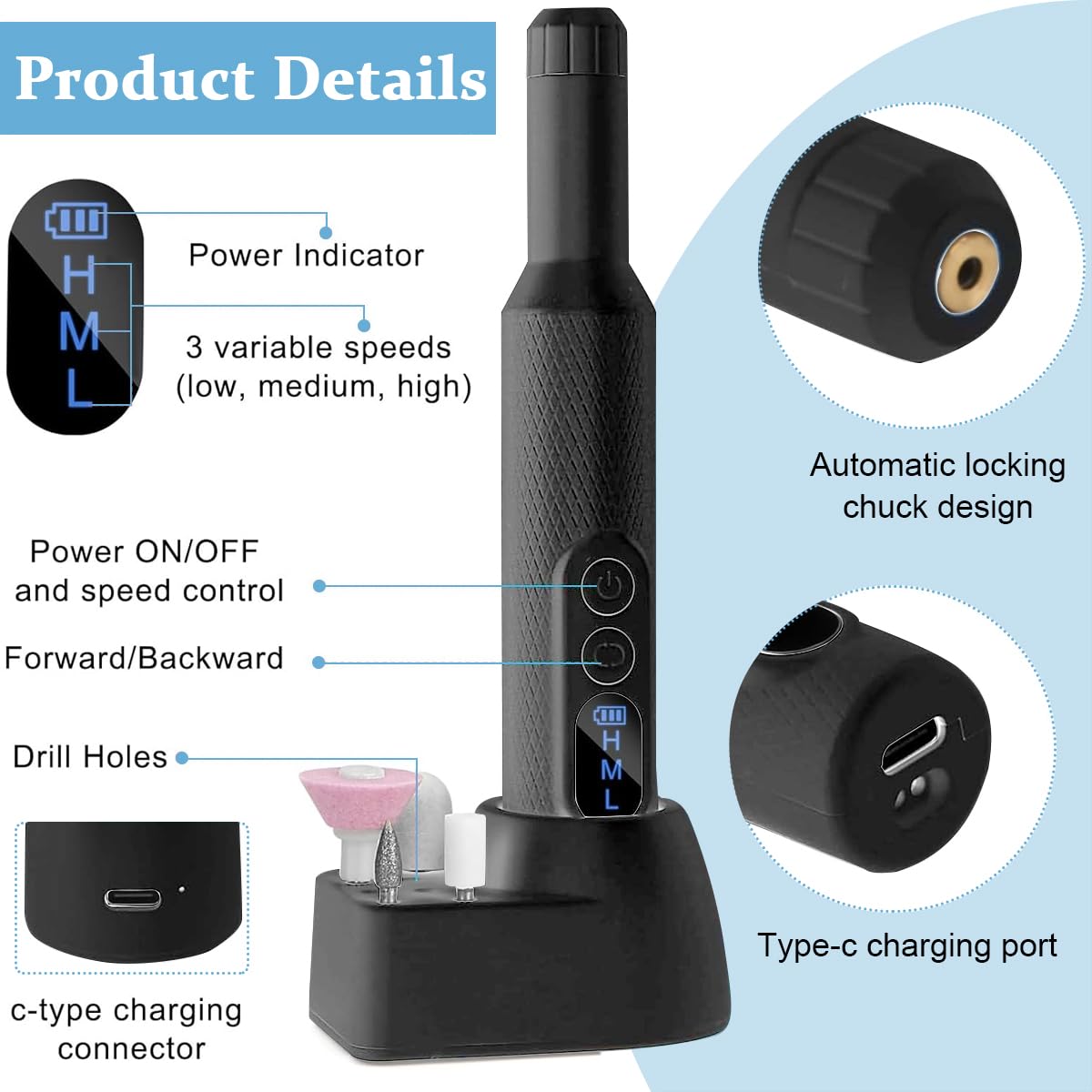 MAYCREATE® Professional Cordless Nail Drill Machine with 6 Drill Bits - Adjustable Speed Electric Nail File for Gel Polish, Acrylic Nails & Nail Extensions - Portable Manicure Pedicure Kit for Home & Salon Use