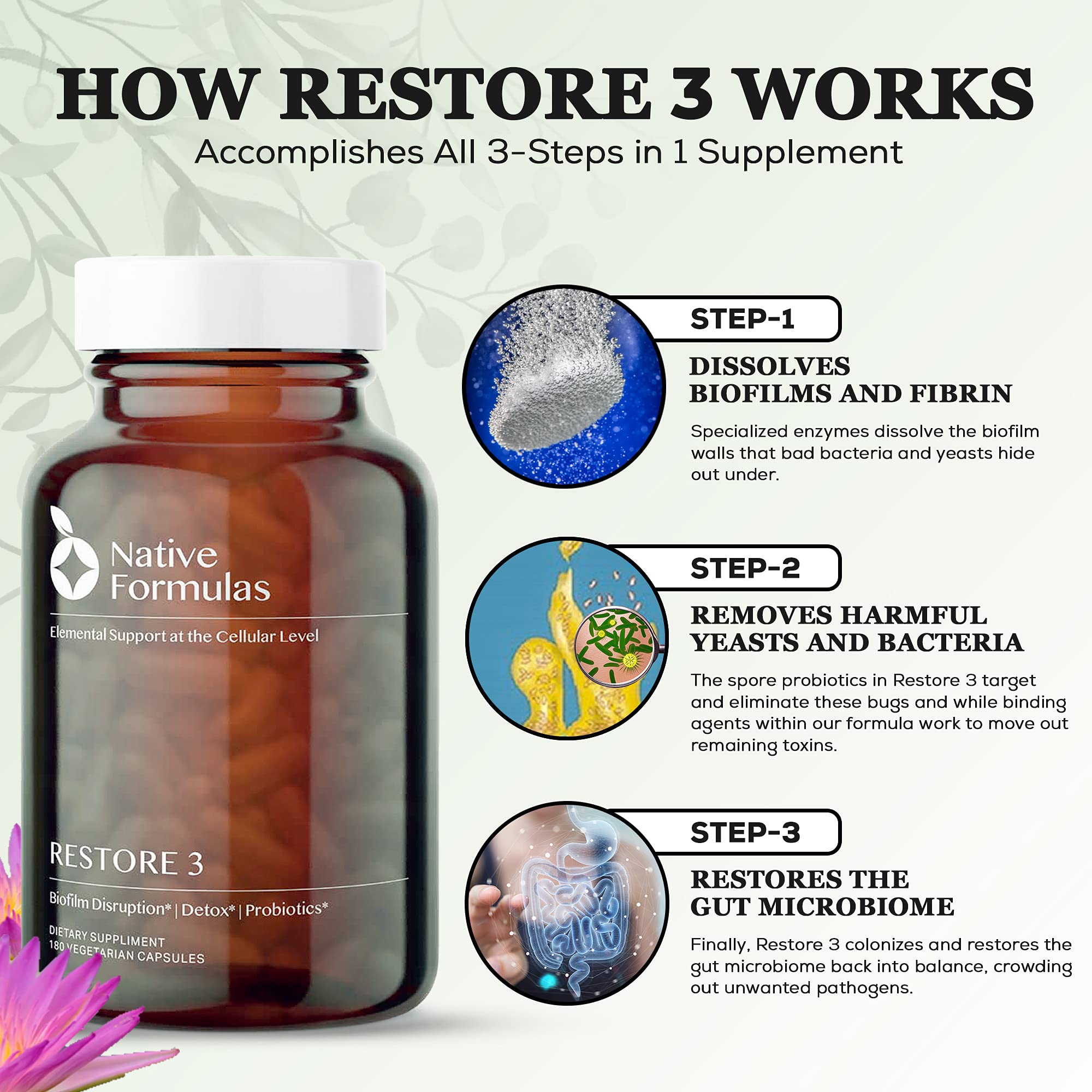 Restore 3 Proteolytic Enzyme & Spore Probiotic Supplement - 180 Capsules - Supports Digestive Health, Gut Flora Balance, Joint & Muscle Comfort - Biofilm Disruption Formula - Ideal for GI Wellness, Fibromyalgia Relief & Daily Immune Support