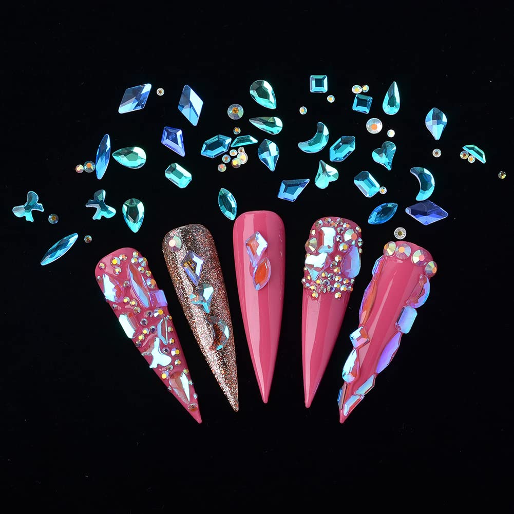 8640Pcs Champagne & Polar Blue Flatback Rhinestones Kit - 20 Shapes Nail Art Crystals, Round Beads, Diamond Jewels with Wax Pen & Tweezers - Perfect for DIY Nail Designs, Wedding Decor, Jewelry Making & Craft Projects