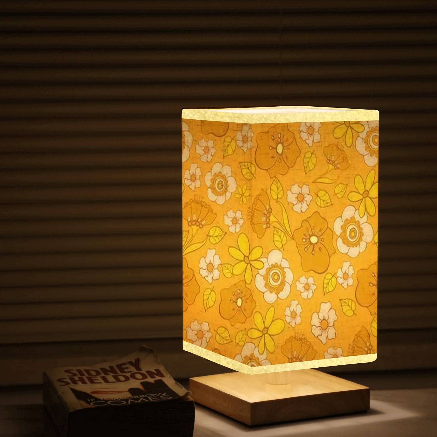 Vintage 70s Style Square Bedside Table Lamp with Wooden Base & Flaxen Fabric Shade - Dimmable Flower Pattern Desk Lamp for Bedroom & Living Room (5.5x10 Inches) - Perfect for Reading, Relaxing & Creating Cozy Atmosphere
