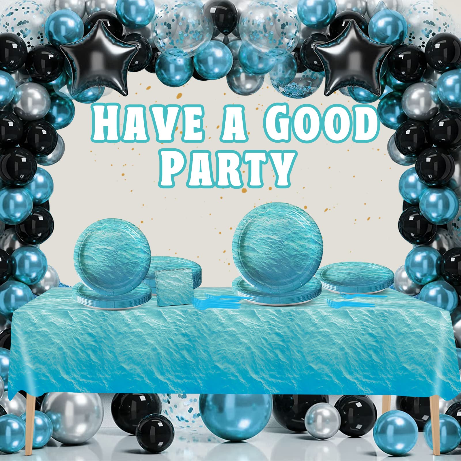 98-Piece Ocean Sea Party Supplies Set - Ocean Waves Party Plates, Tablecloth, Tableware, Paper Forks & Napkins for 24 Guests - Perfect for Beach Themed Parties, Birthday Celebrations & Summer Events
