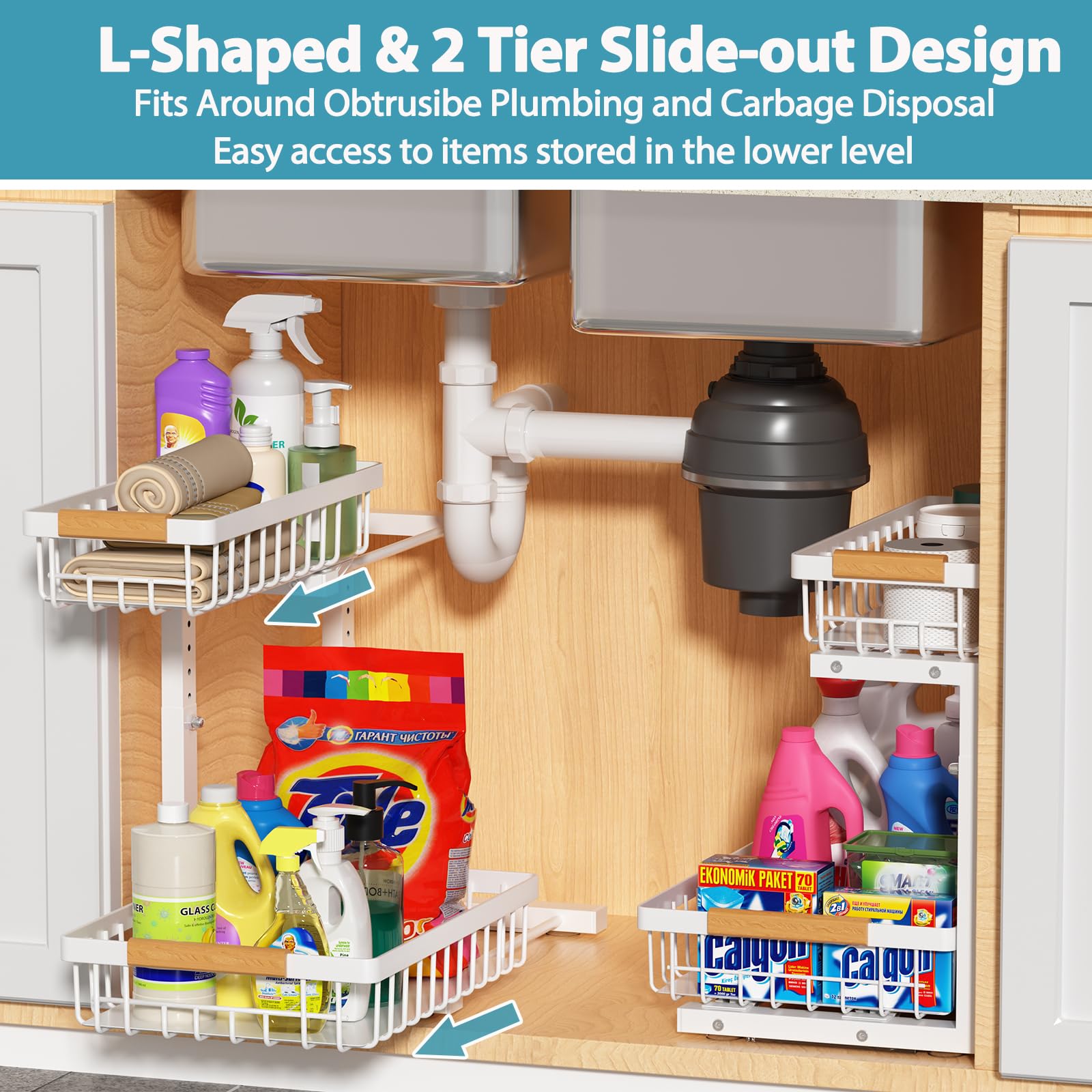 2-Pack Under Sink Organizer with Slide-Out Shelves | Adjustable Height Pull-Out Cabinet Drawers | White Metal Storage Shelf for Kitchen & Bathroom | Perfect for Maximizing Under-Sink Space & Organizing Cleaning Supplies