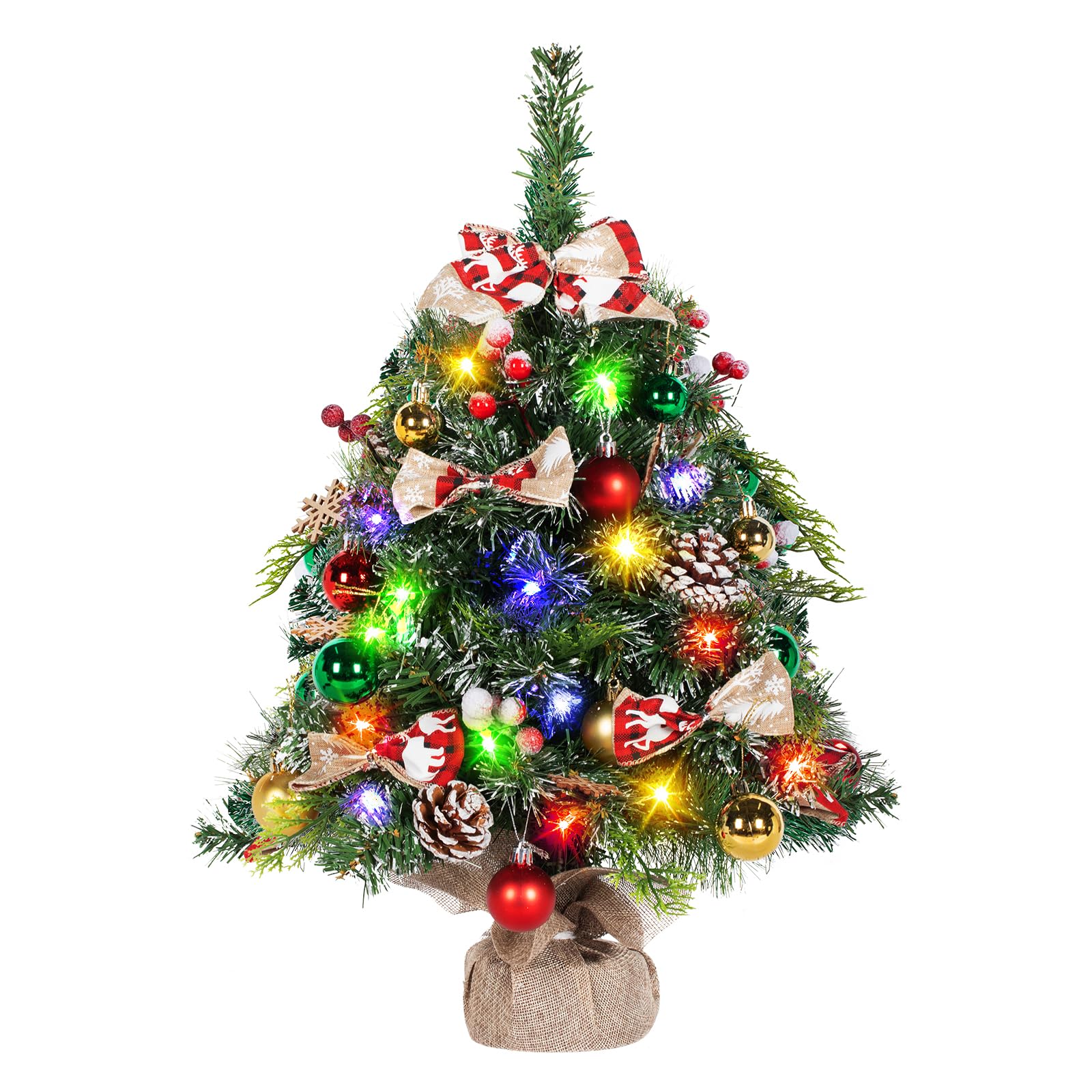 NALONE 24 Inch Mini Christmas Tree with Battery Operated LED Lights & Timer - Snow Dusted Artificial Tabletop Xmas Tree with 36 Ornaments, Pinecones & Red Berries - Perfect for Home, Office, Dorm & Holiday Decorations