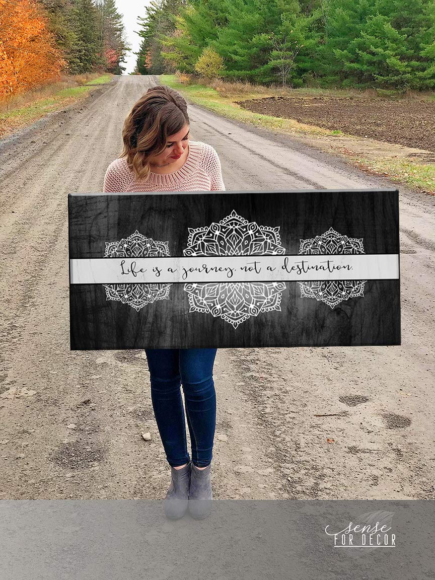 Boho Life Is A Journey Sign - Large Bohemian Floral Canvas Wall Art for Bedroom Decor | Modern Framed Poster in Grey Black (42x19) | Perfect for Living Room, Nursery & Office Wall Decor