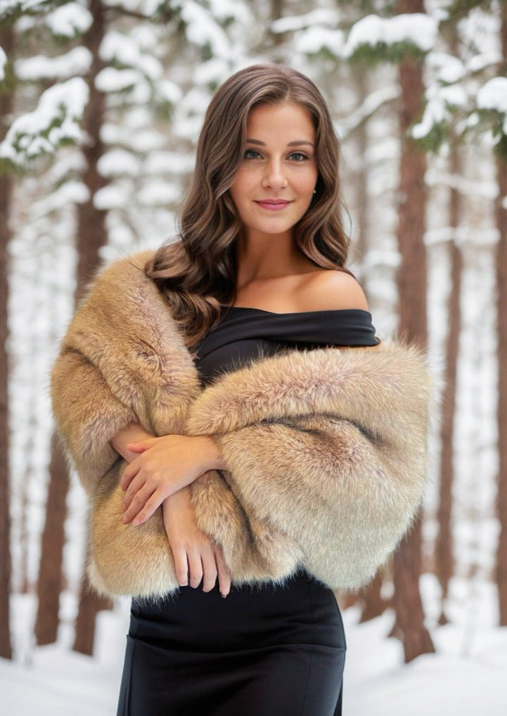 Honey Brown Faux Fur Shawl Wrap - Soft Butterfly Design (LBrw07) for Women, Winter Fashion Accessory, Perfect for Parties, Weddings & Evening Outfits