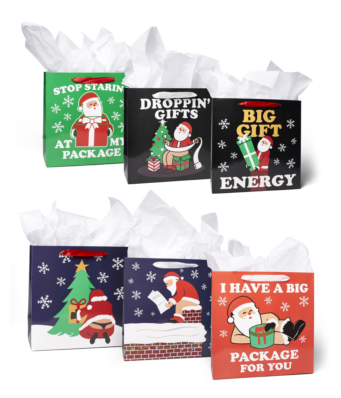 Tipsy Elves Christmas Gift Bags with Tissue Paper - Funny Naughty Santa Holiday Party Favor Bags - Pack of 6 (One Size) - Perfect for Secret Santa, Office Gifts & Christmas Party Favors