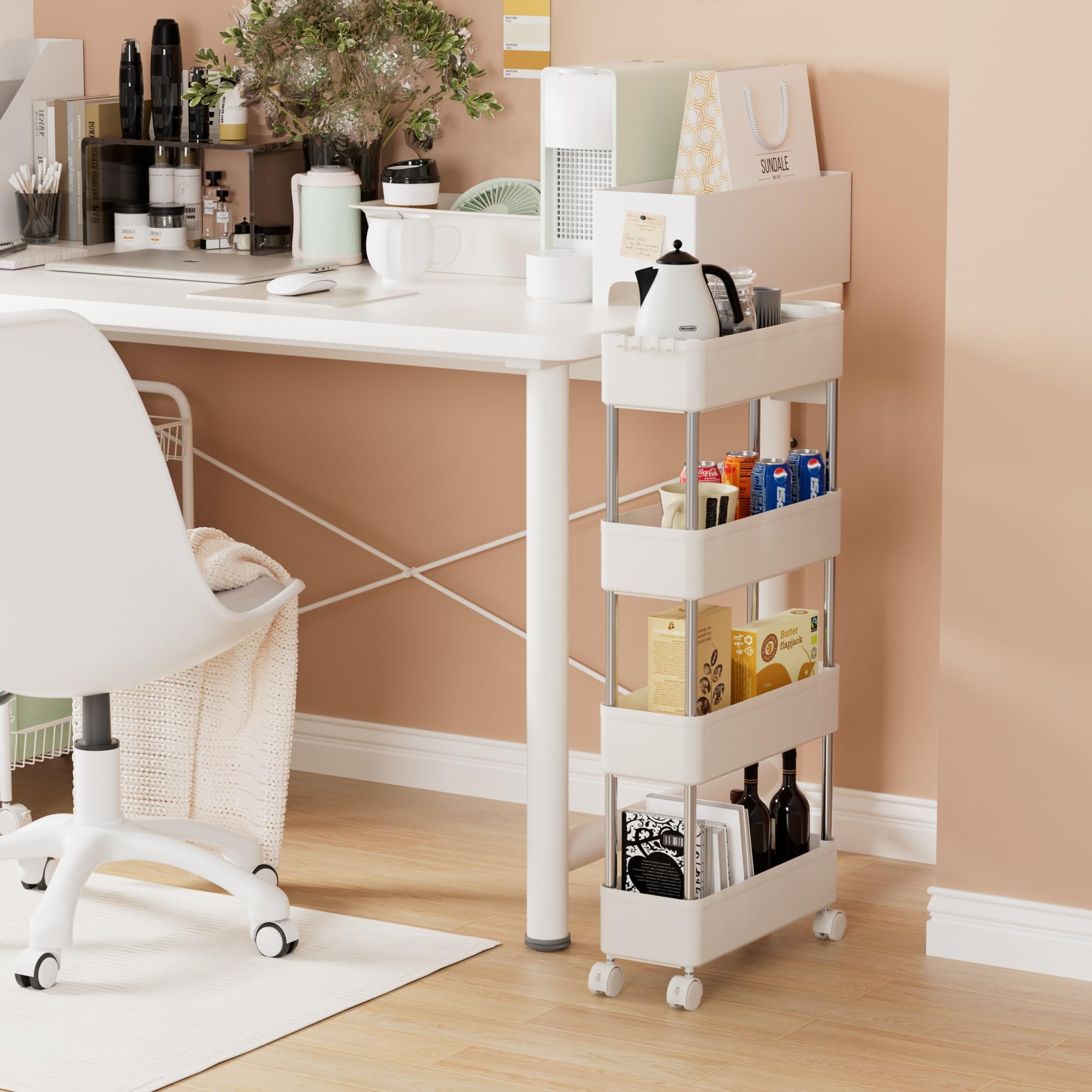 VECELO 4-Tier Slim Rolling Storage Cart with Wheels & Hooks - Mobile Kitchen Utility Organizer for Bedroom, Bathroom, Office - Perfect for Narrow Spaces & Small Areas (White) - Ideal for Home Organization, Kitchen Storage & Office Supplies