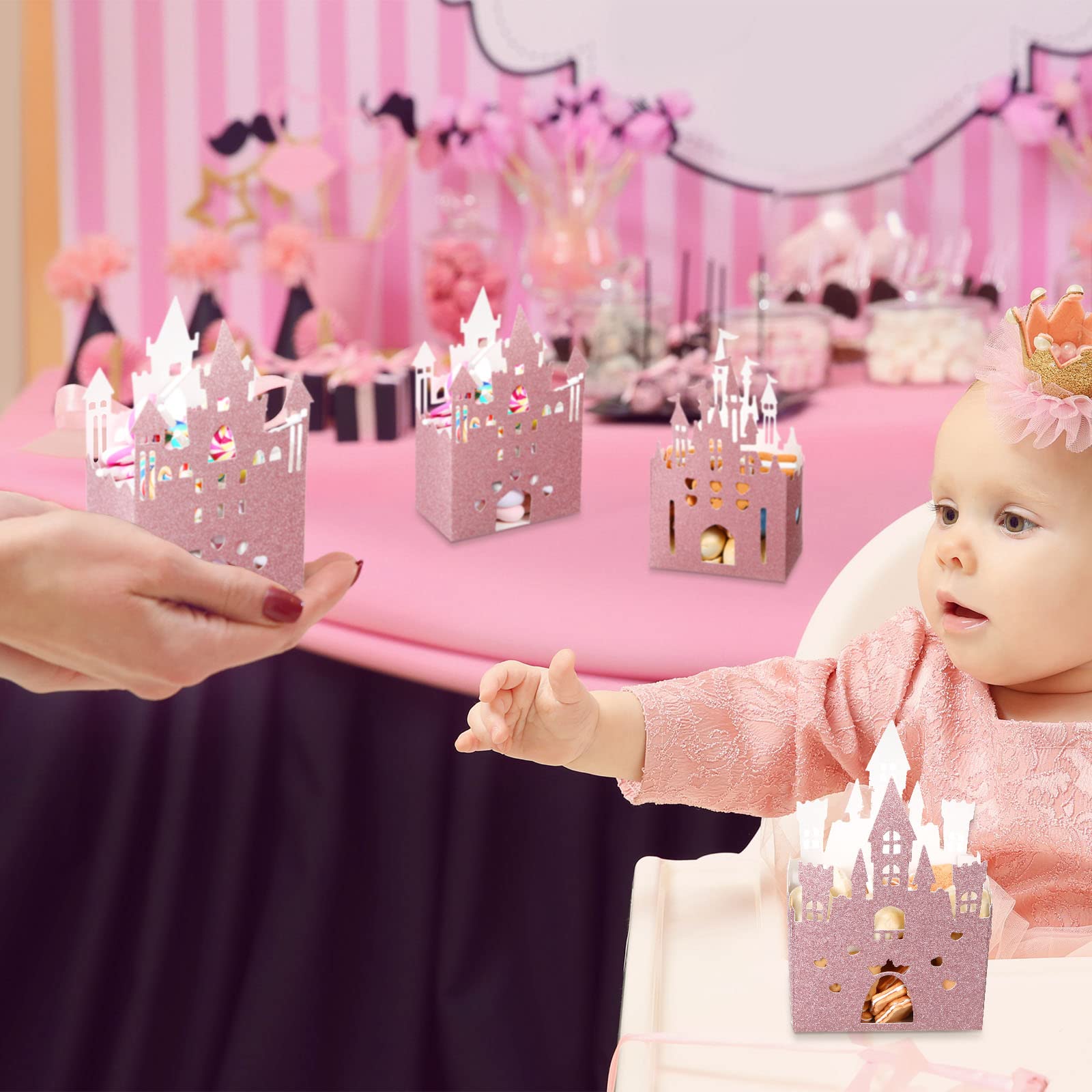 24-Piece Glitter Rose Gold Princess Castle Candy Boxes - Elegant Wedding & Birthday Party Favors, Decorations for Princess Themed Celebrations, Baby Showers, Bridal Showers, and Special Events