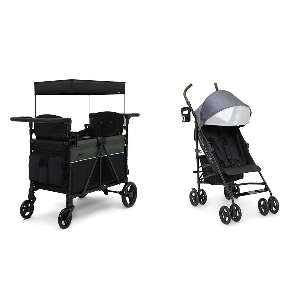 Delta Children Jeep Aries 2-Seater Stroller Wagon & 365 Plus Lightweight Stroller Combo - Perfect for Family Outings, Park Visits, and Travel Adventures