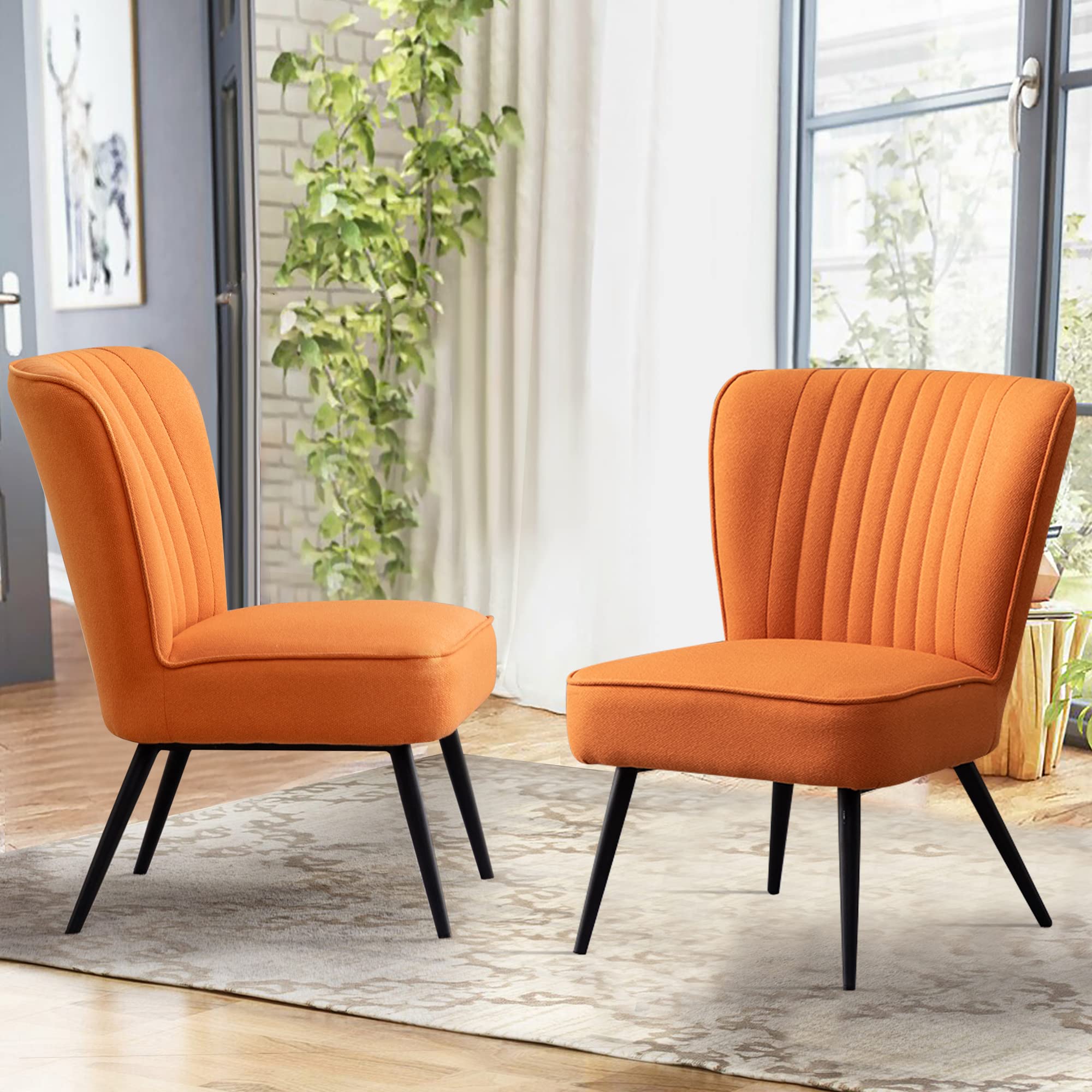 Alunaune Orange Accent Chair Set of 2 - Modern Upholstered Living Room & Bedroom Armless Slipper Chairs - Comfy Wingback Sofa for Guest Reception, Lounge, and Reading Nook