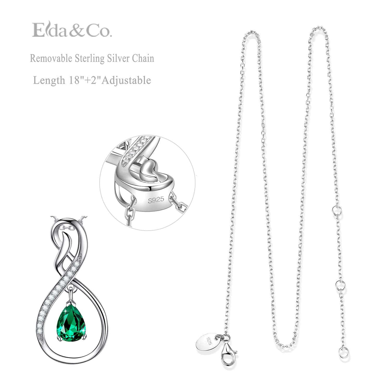 Forever Love Infinity Necklace for Women - April & May Birthstone Jewelry with Simulated Diamond & Emerald - 925 Sterling Silver Gift for Wife, Mom, Her - Perfect for Anniversaries, Valentine's Day & Special Occasions