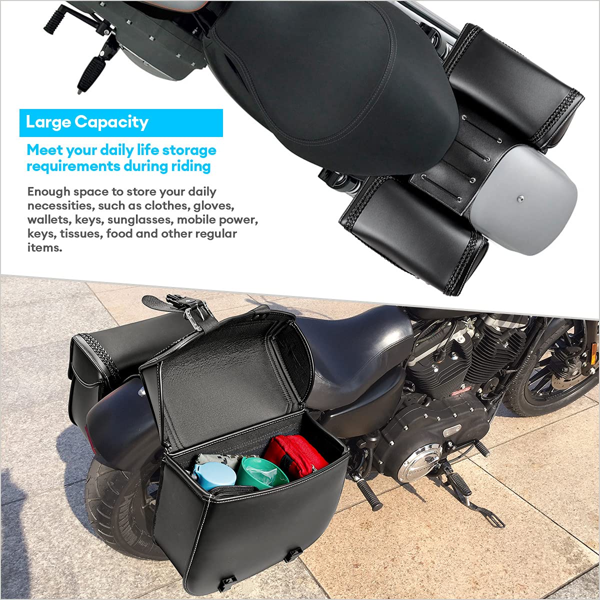 Premium Synthetic Leather Motorcycle Saddlebags - Universal Waterproof Side Bags for Harley Sportster, Vulcan, Shadow, Softail, Dyna & V-Star - Durable Storage Tool Bag (Black, Style A) - Perfect for Long Rides, Road Trips & Daily Commuting