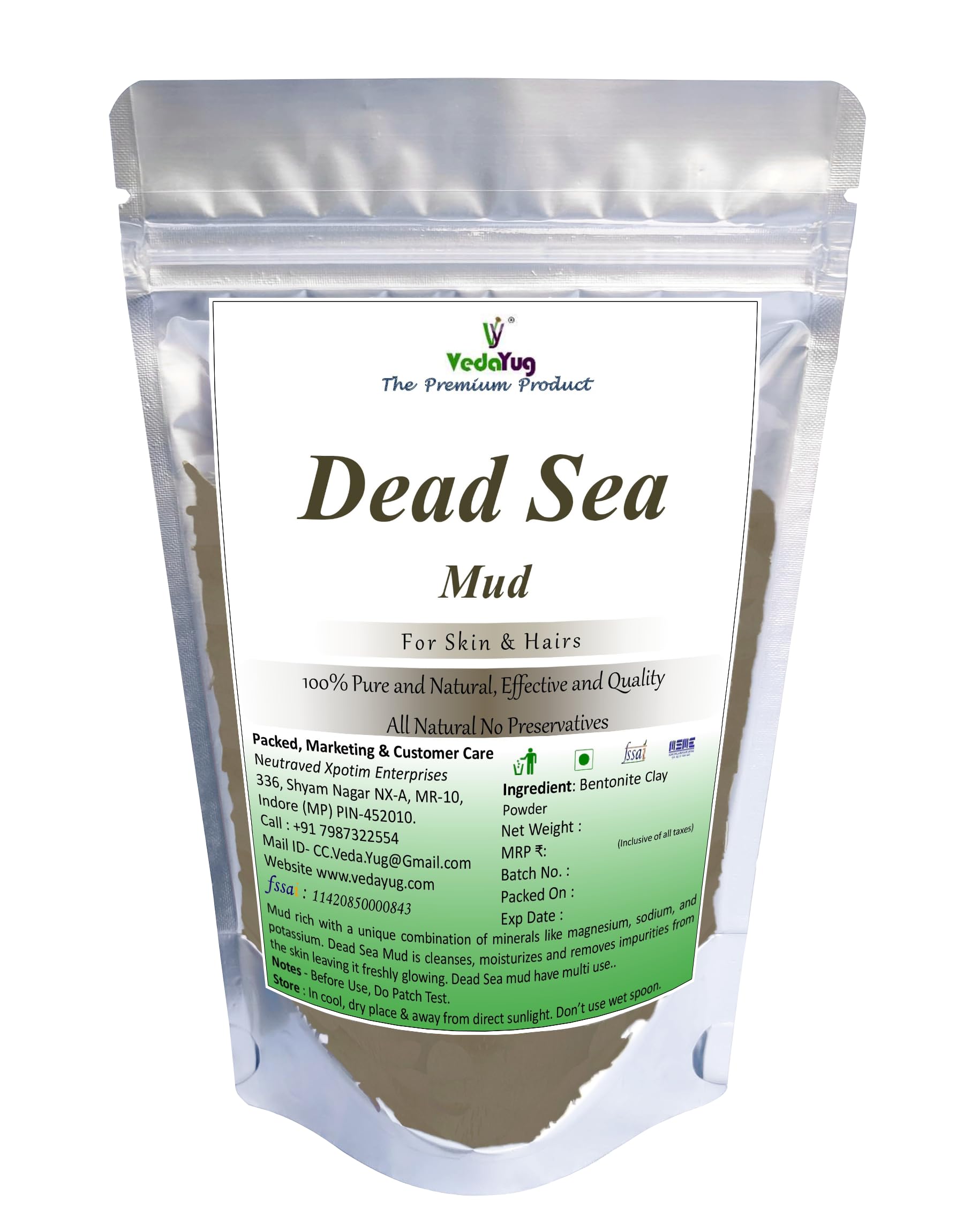 VY VedaYug Pure Dead Sea Mud Powder for Face & Body - 400g, Natural Skin Detox & Exfoliation, Deep Cleansing Mask for Acne, Blackheads & Oily Skin - Spa Quality at Home