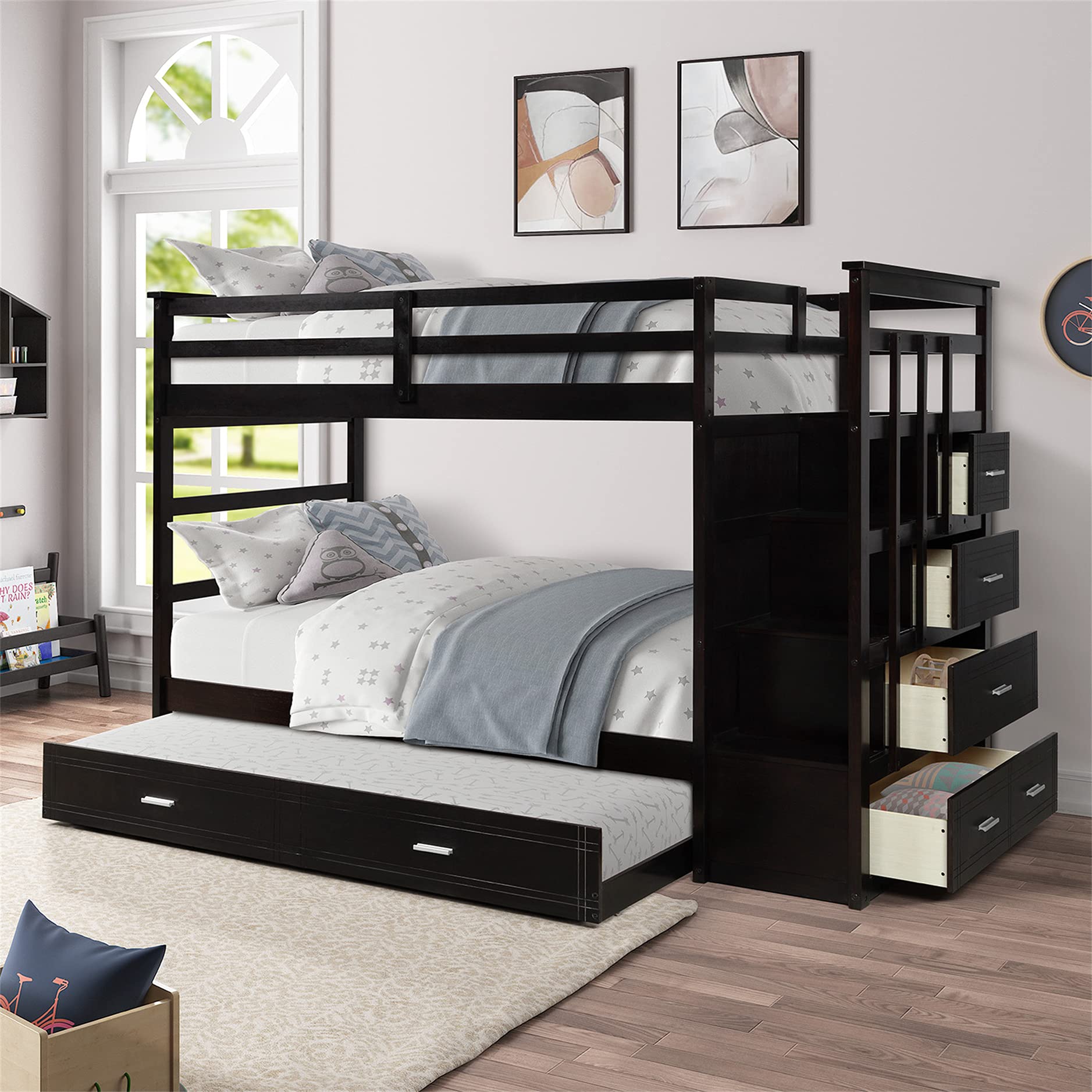 Solid Wood Twin Bunk Bed with Trundle, Storage & Stairs - Space-Saving Kids' Room Solution