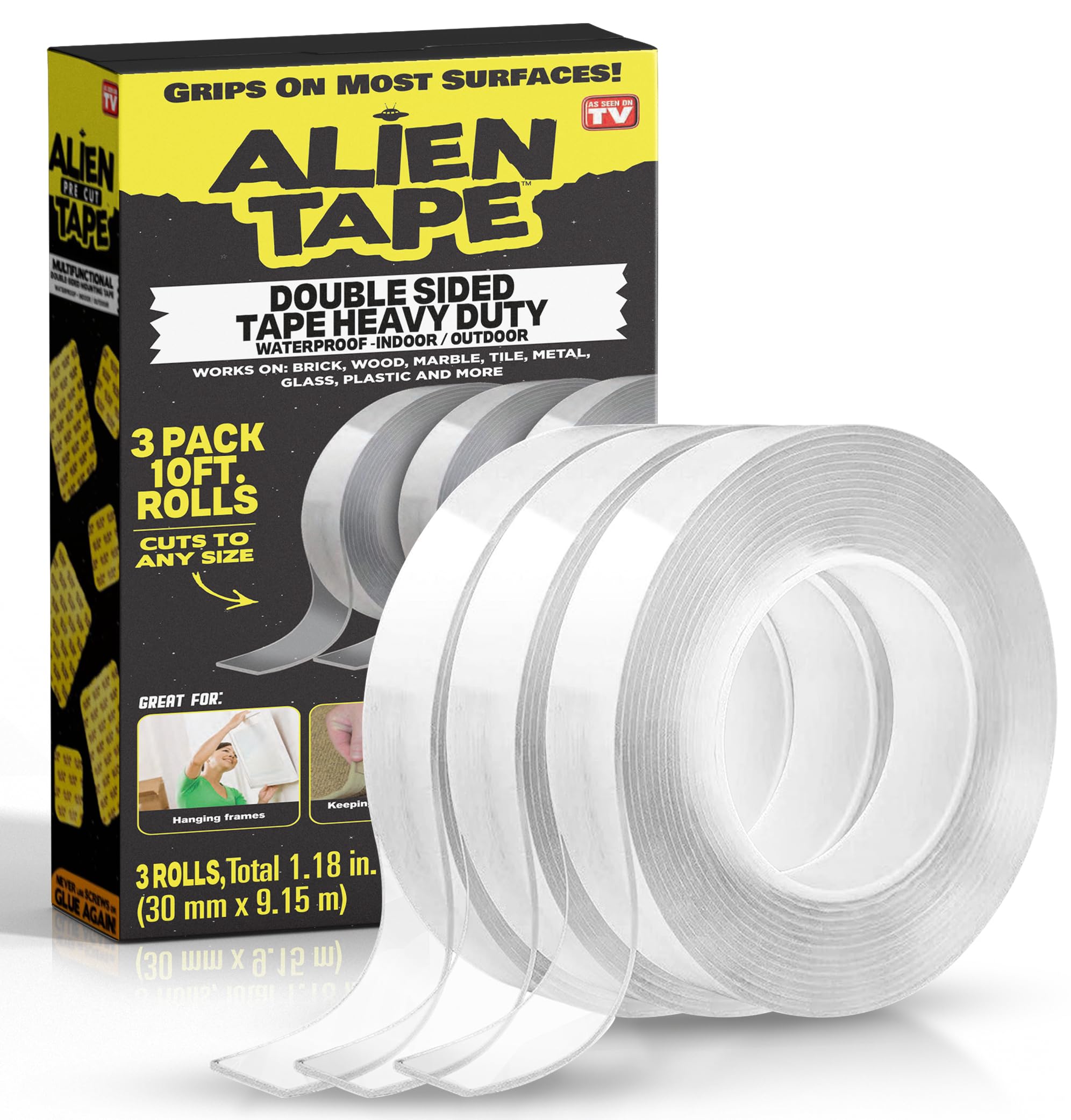 ALIEN TAPE Heavy Duty Double Sided Tape - 30ft Nano Adhesive Mounting Tape for Walls, Posters & Photos - Clear Strong Wall Tape for Home Décor & Picture Hanging (As Seen on TV) - Perfect for Renters & Damage-Free Hanging