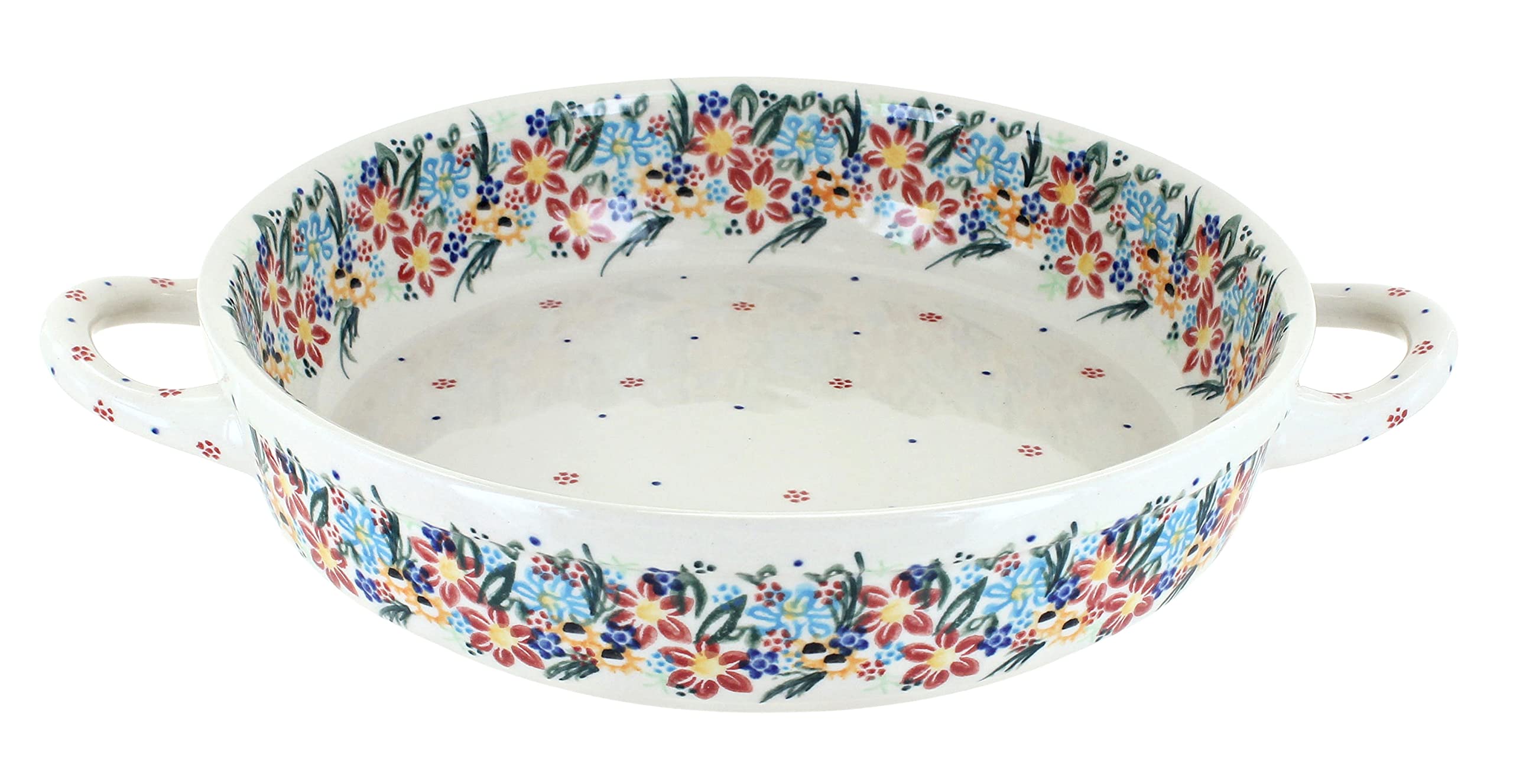 Handmade Blue Rose Polish Pottery Tara Small Round Baker with Handles - Perfect for Baking, Serving & Decorating - Oven & Dishwasher Safe Ceramic Casserole Dish