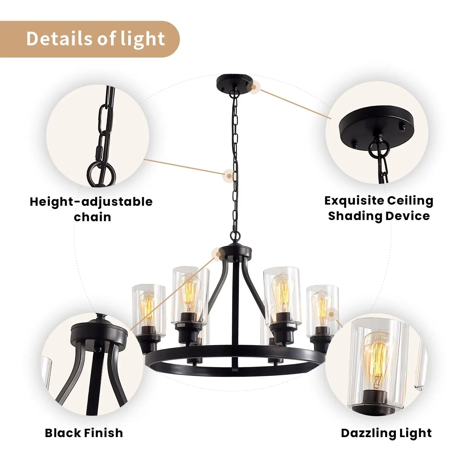 Jeshi 6-Light Black Iron Wagon Wheel Chandelier - Rustic Farmhouse Ceiling Light Fixture for Dining Room, Kitchen, or Living Room Decor