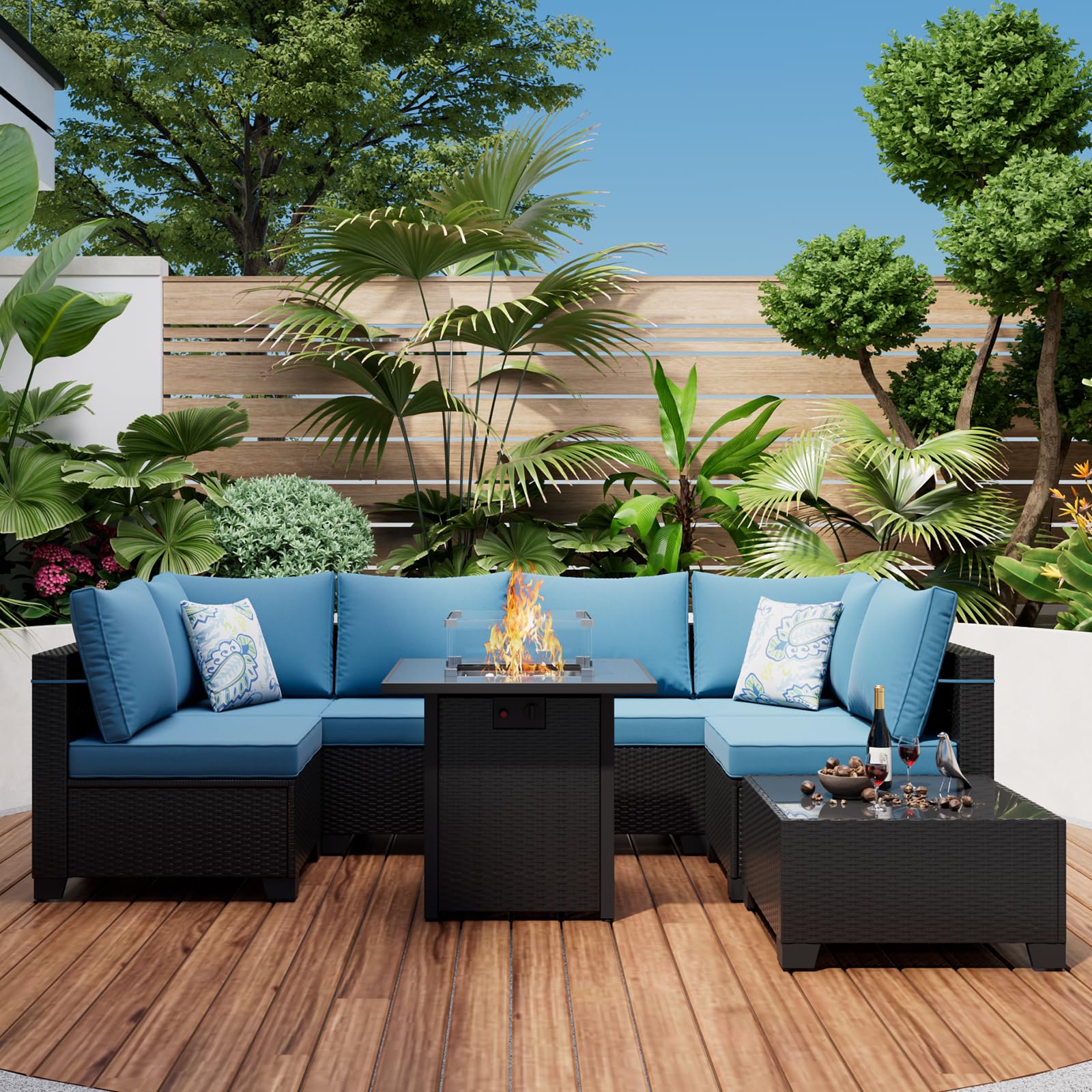 8-Piece Outdoor Sectional Furniture Set with Rattan Wicker Patio Sofa & 28-Inch Gas Fire Pit Table - Waterproof Conversation Set for Backyard, Garden, Deck (Coffee/Peacock Blue) - Perfect for Entertaining, Lounging & Outdoor Gatherings