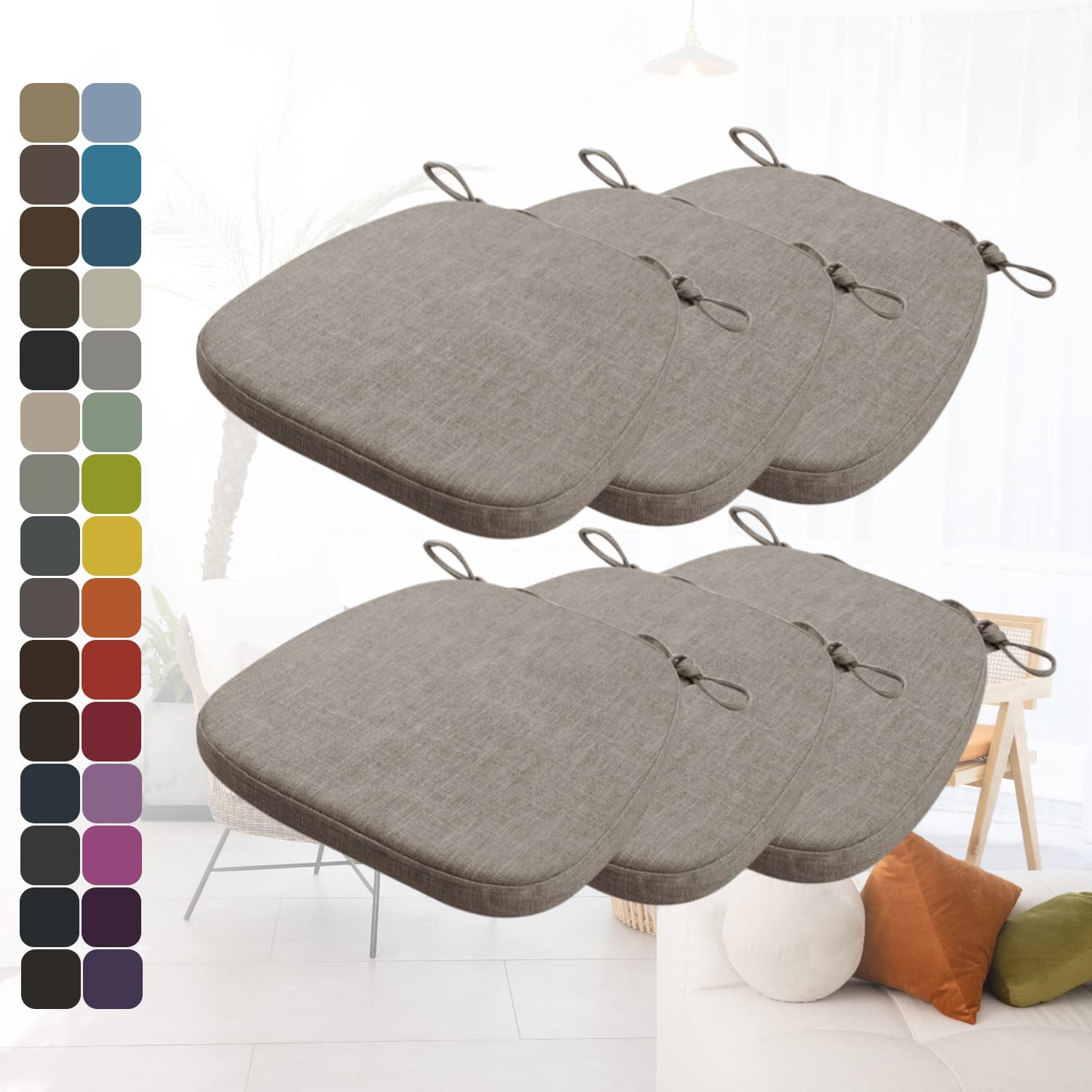 Kimgull Non-Slip Chair Cushions with Ties - Set of 6 Thickened Breathable Seat Pads, Detachable Covers for Kitchen, Dining, Living Room & Office Chairs (17x16.5x2 Inches, Light Brown) - Perfect for Home Decor, Comfortable Seating & Furniture Protection