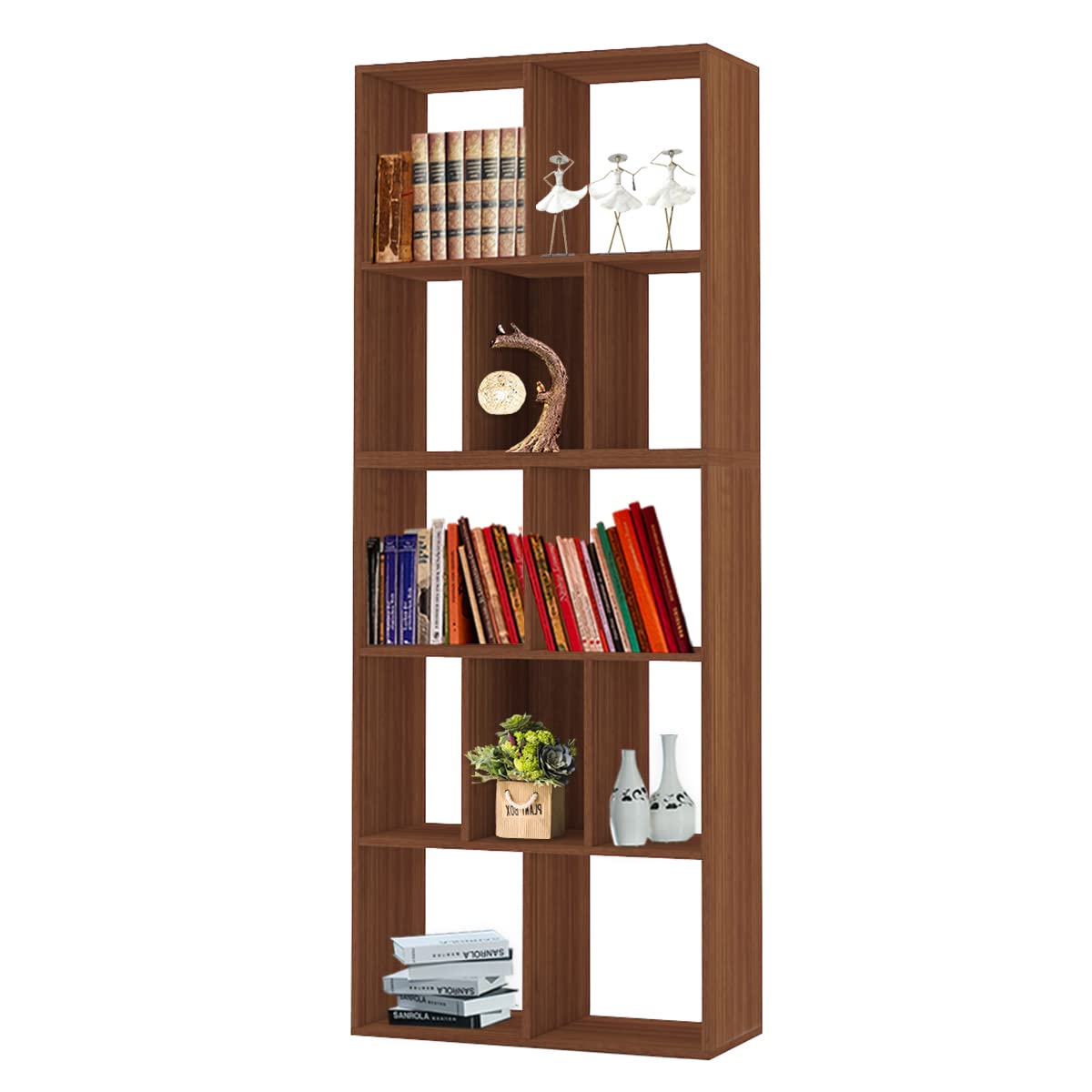 HOFFREE 5-Tier Wooden Bookcase with 12-Cube Storage Organizer - Open Display Shelf for Home Office, Living Room, Bedroom - Space Saving Furniture in Dark Red Cherry Finish - Perfect for Small Spaces, Book Storage & Home Organization