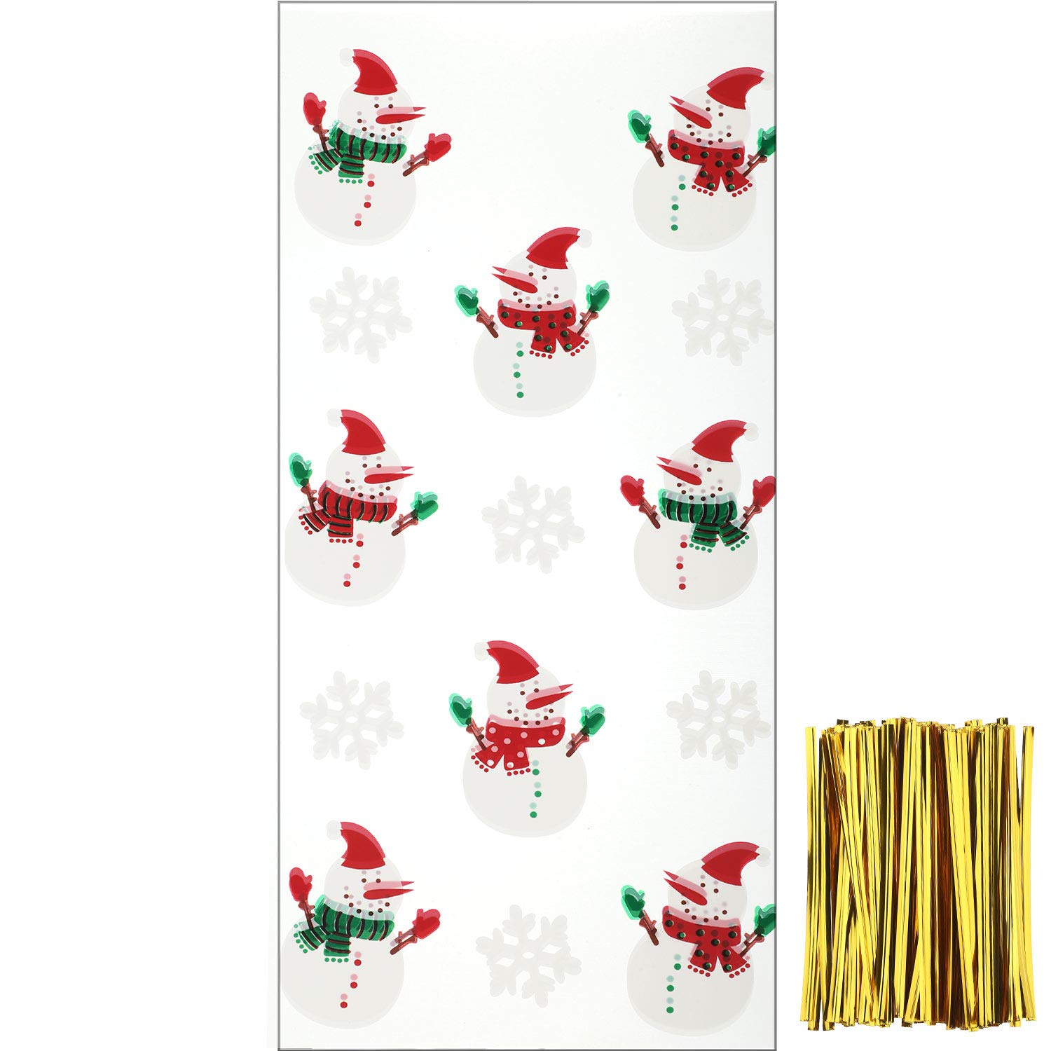 100-Piece Christmas Cellophane Gift Bags with Snowman Design - Includes 150 Twist Ties for Holiday Treats, Candy & Party Favors - Perfect for Christmas Parties, Gift Wrapping & Holiday Celebrations