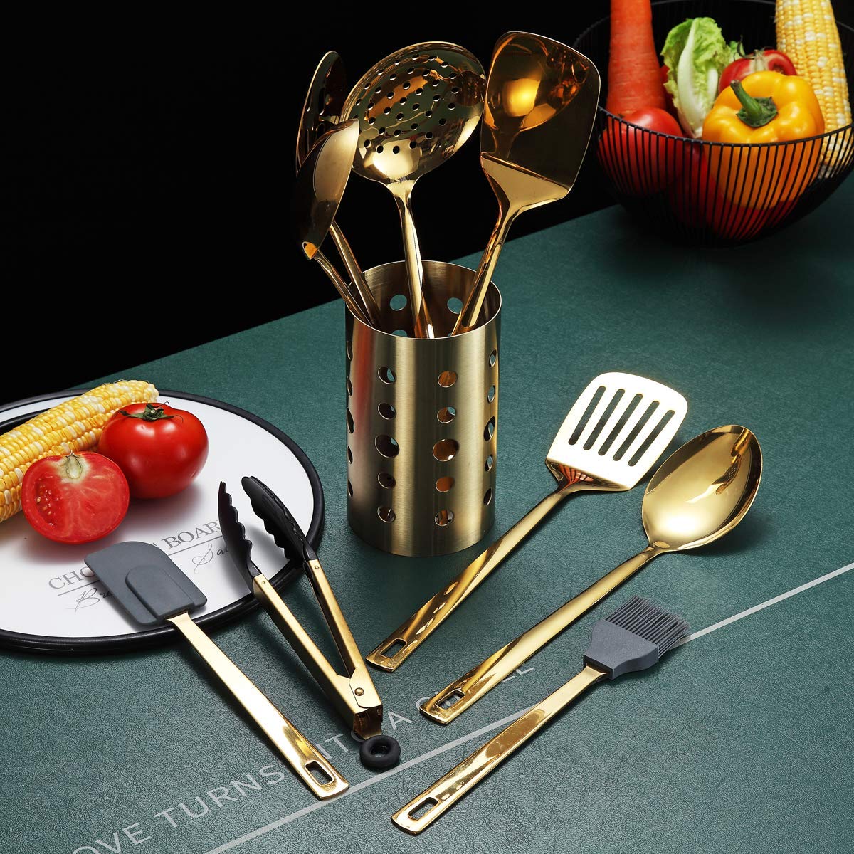Premium 13-Piece Gold Plated Stainless Steel Kitchen Utensil Set by Berglander - Nonstick Cooking Tools with Holder, Dishwasher Safe & Easy to Clean - Perfect for Baking, Frying, and Everyday Cooking