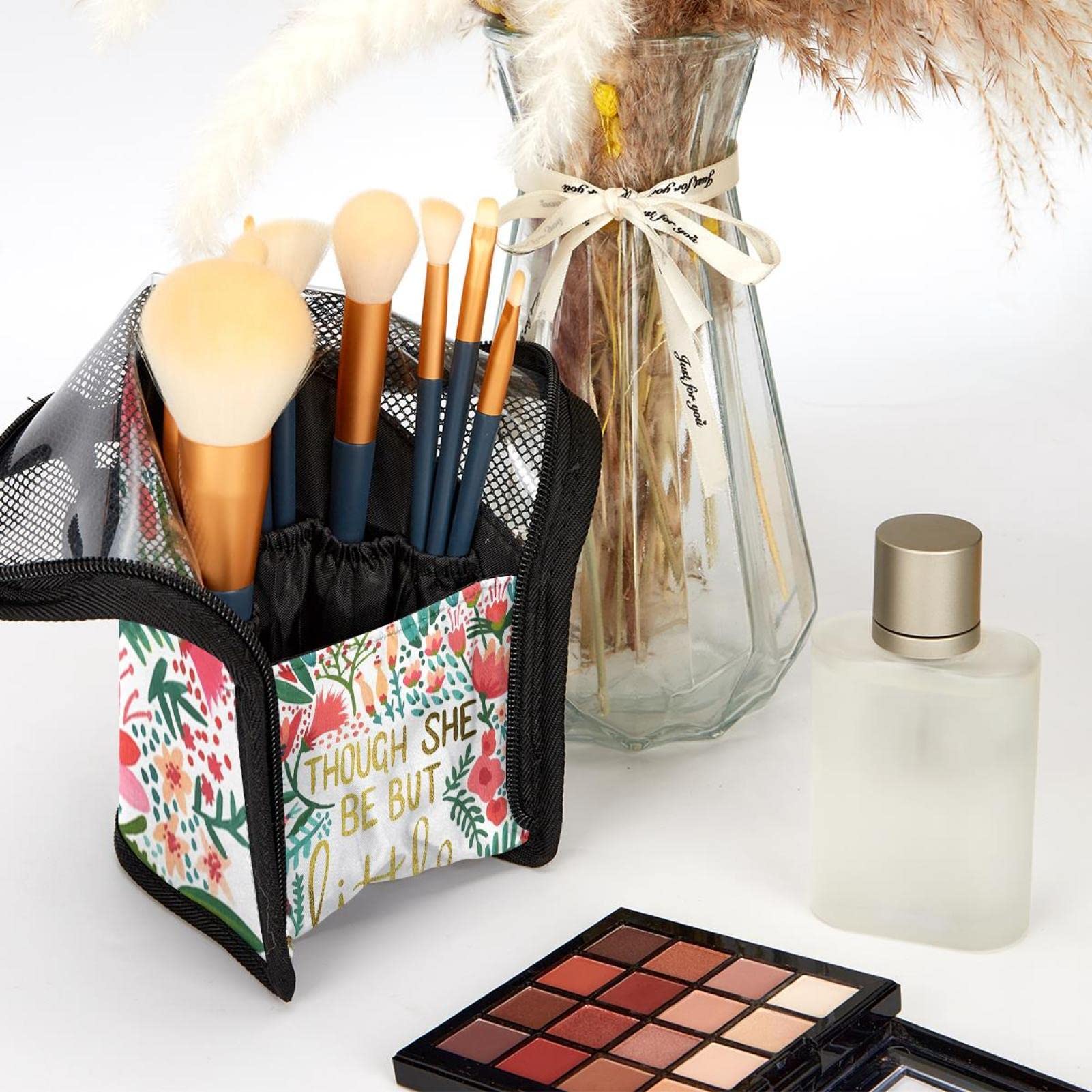 12-Piece Makeup Brush Organizer Bag with Famous Quotes & Floral Design - Portable Travel Cosmetic Brush Holder Case for Professional Makeup Artists & Beauty Enthusiasts (Perfect for Travel, Home Vanity & Salon Use)