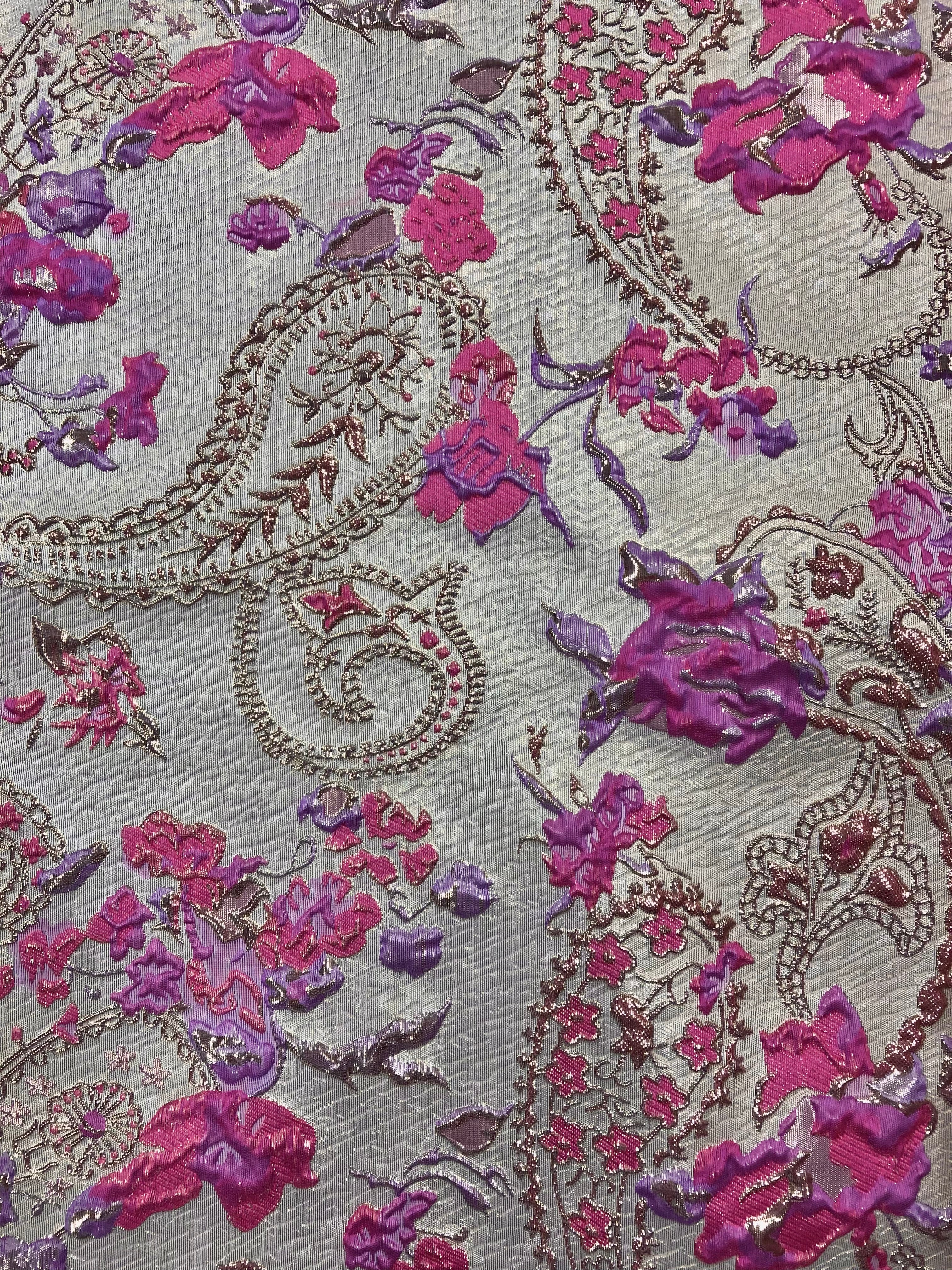 58-inch 3D Brocade Fabric in Pale Rose Gold, Fuchsia & Lilac - Reversible Home Decor for Curtains, Table Runners & DIY Crafts