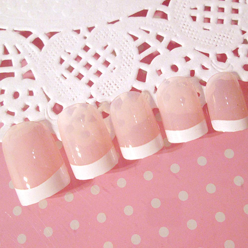 24Pcs Short French False Nails - Natural Acrylic Fake Nails with 12Pcs Double-Sided Adhesive Tapes - Perfect for Gel Polish Application, Home Manicure & Nail Art DIY