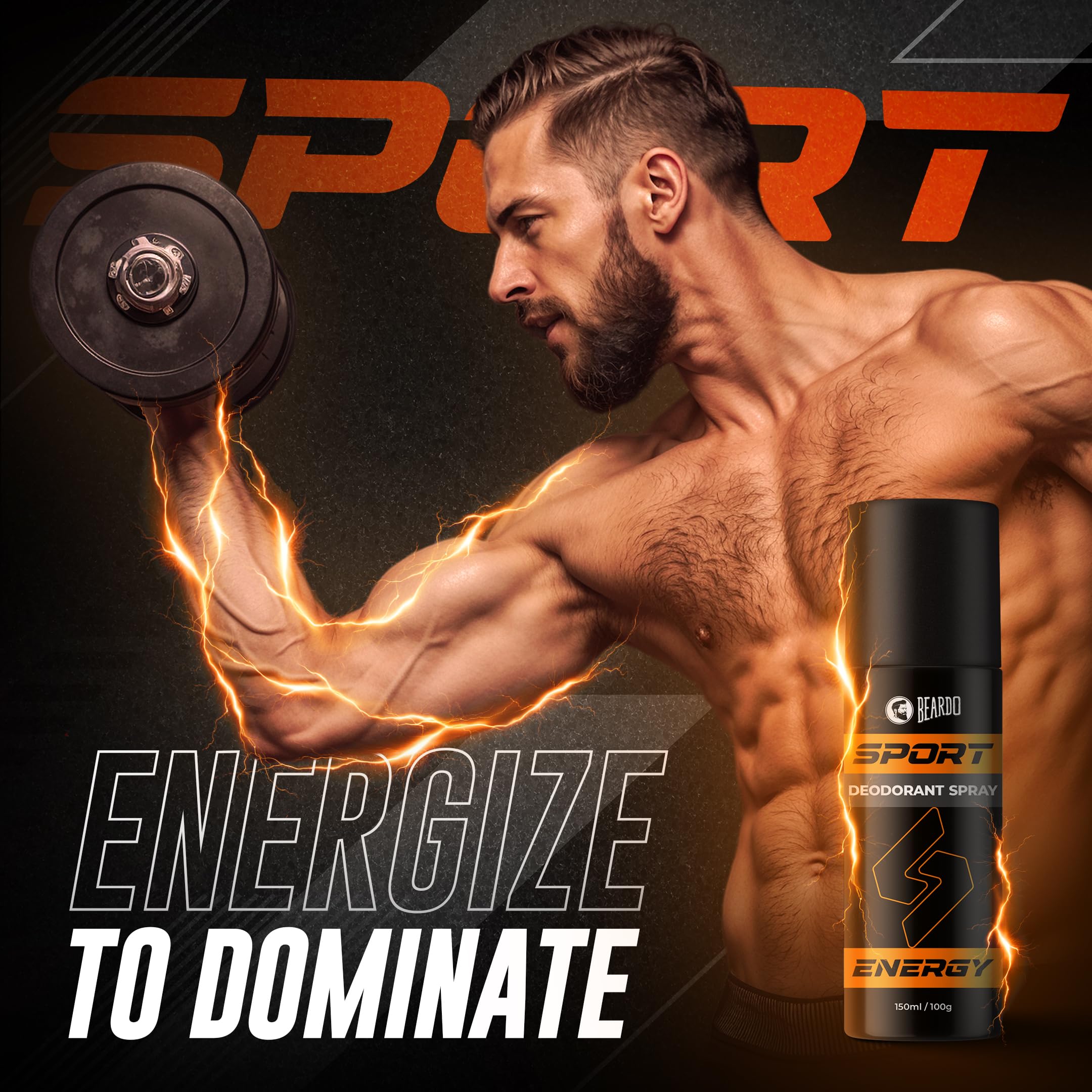 Beardo Sport Energy Deodorant Spray 150ml for Men - Long Lasting Fresh Scent Body Spray & Cologne - Perfect for Gym, Work & Daily Use - Great Christmas Gift for Men & Friends