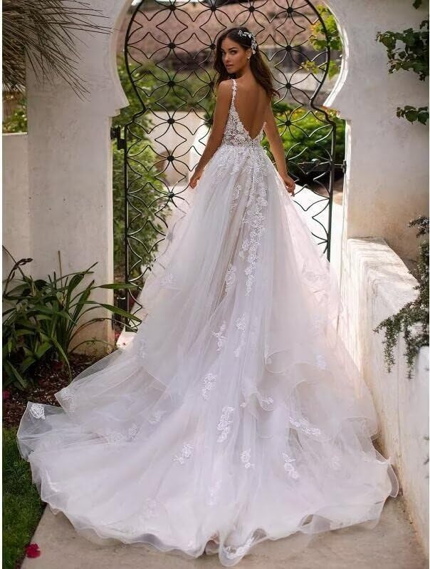 Elegant V-Neck Sleeveless Tulle Wedding Dress with Lace Applique & Long Train - A-Line Flowy Bridal Gown for Bride | Perfect for Church Ceremonies, Beach Weddings & Formal Receptions