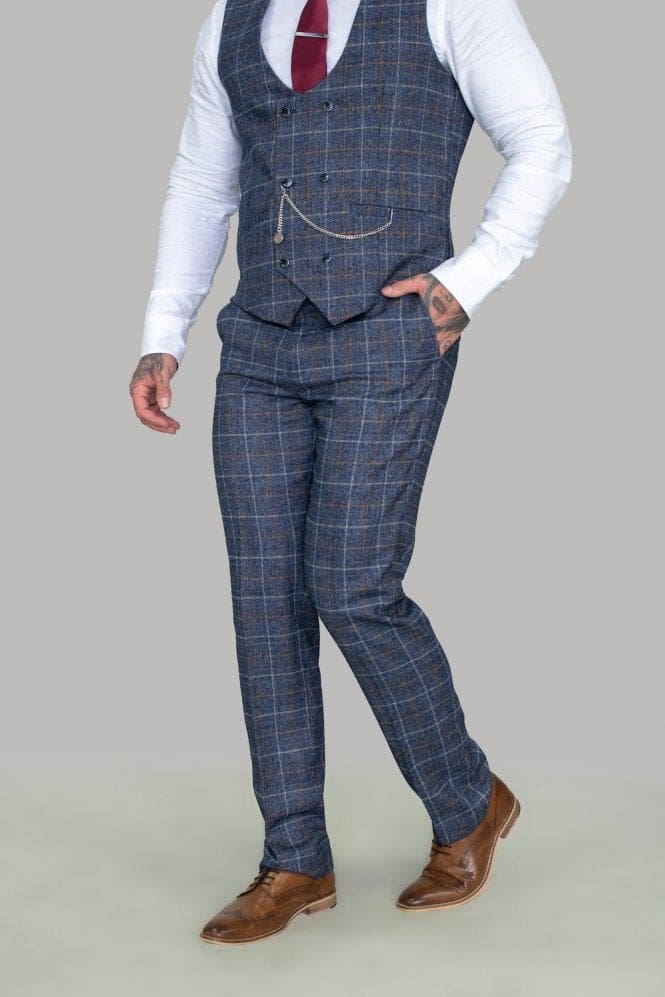 Cavani Bonita Blue Check Tweed Pants for Women - Classic Vintage Style High Waisted Trousers - Perfect for Office, Cocktail Parties & Fall Fashion