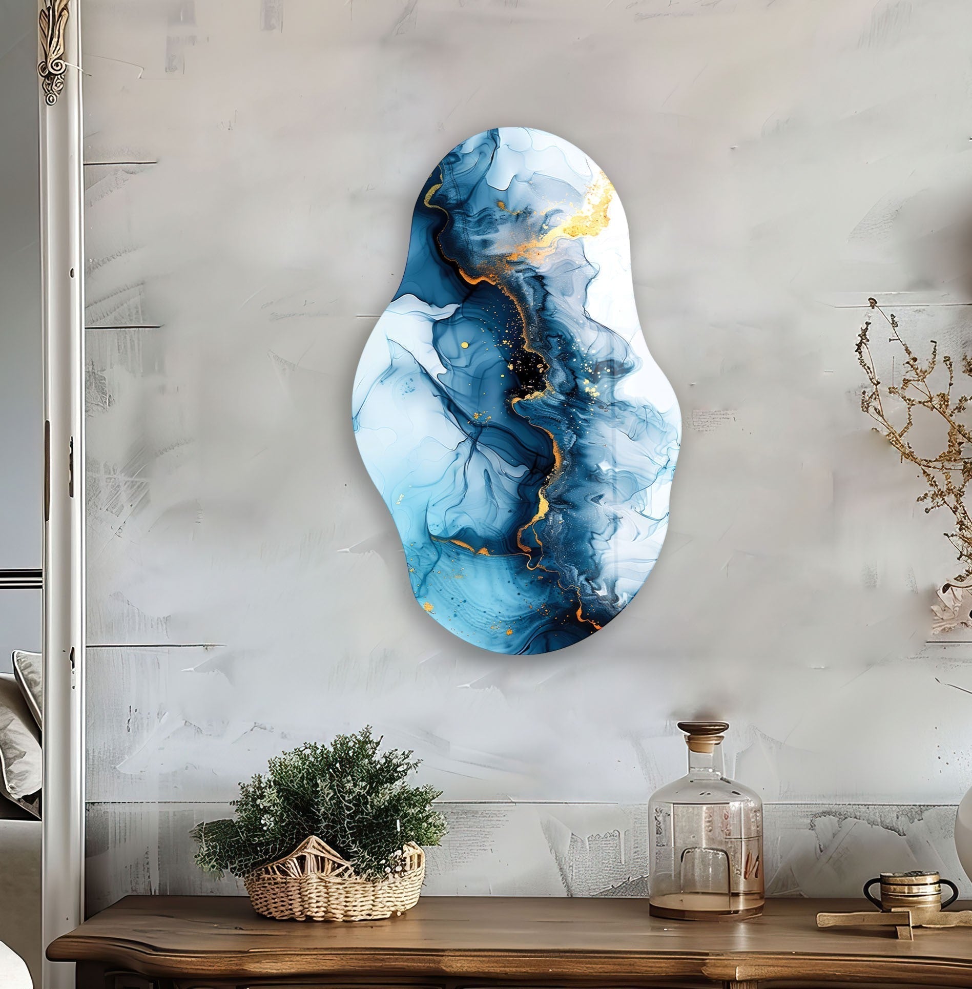 Blue Alcohol Ink Glass Wall Art - Handmade Abstract Painting for Home & Office Decor - Perfect for Living Room, Bedroom, or Gift