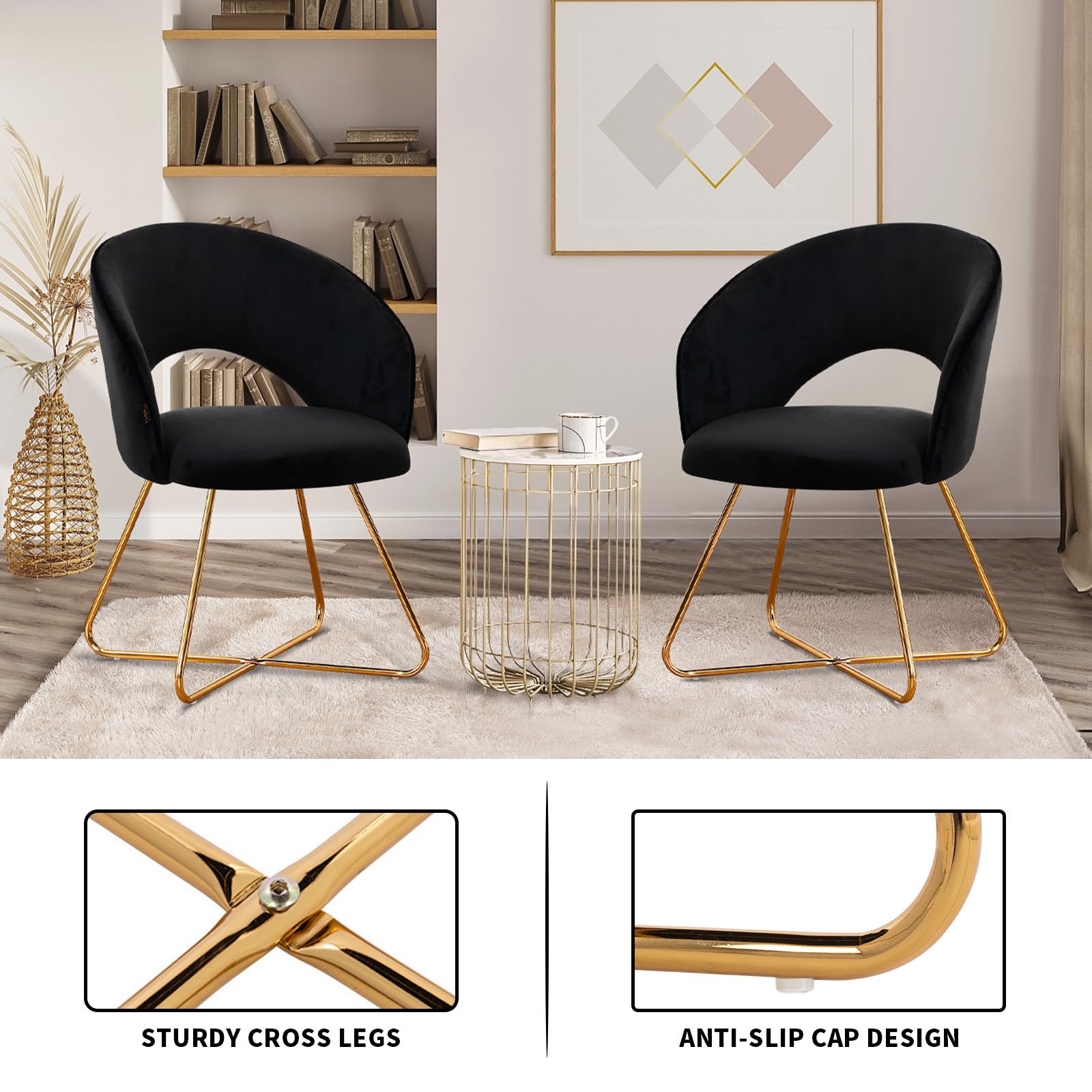 Furnimart Modern Velvet Accent Chair - Curved Mid-Back Black Vanity Chair with Gold Plated Legs for Bedroom, Living Room & Dining Room | Luxurious Seating for Home Décor, Makeup Vanity & Relaxation (Black)