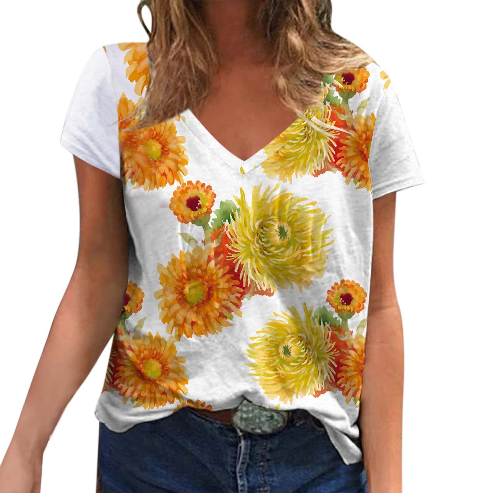Women's Casual V-Neck Short Sleeve Floral Print T-Shirt - Sunflower Summer Top for Women - Perfect for Beach Outings, Picnics & Casual Wear