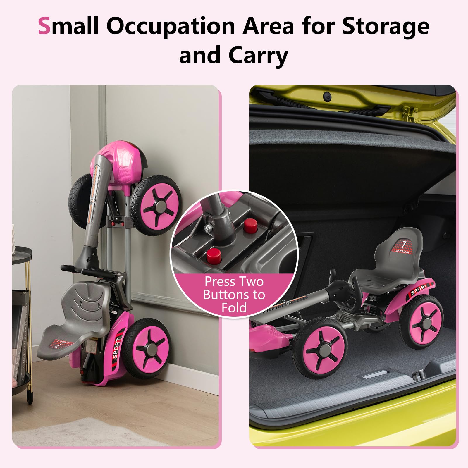 OLAKIDS 12V Electric Go Kart for Kids Ages 2-5 - Adjustable Seat, Steering Wheel & Folding Wheels with LED Lights & Detachable Cup Holder - Pink Ride On Car for Boys & Girls | Perfect for Backyard Play, Birthday Gifts & Outdoor Family Fun