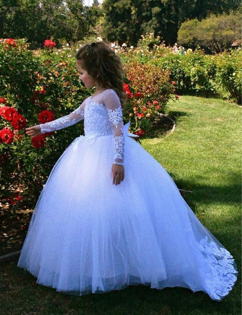 Elegant Lace Long Sleeve Flower Girl Dress for Wedding Party | Princess Pageant Prom Gown with Bow | Perfect for Bridal Showers, First Communion & Special Occasions