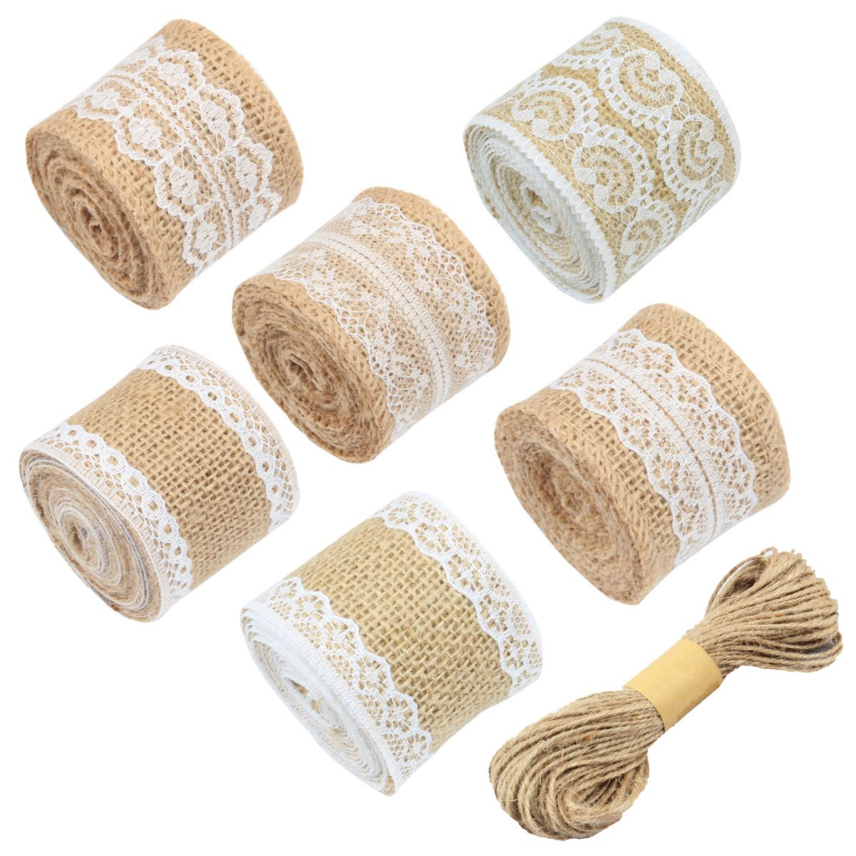 6 Rolls Natural Burlap Ribbon with White Lace & 32FT Jute Twine - DIY Home Decor, Wedding Party Favors, Gift Wrapping Supplies - Perfect for Rustic Wedding Decorations, Christmas Crafts and Farmhouse Style Packaging