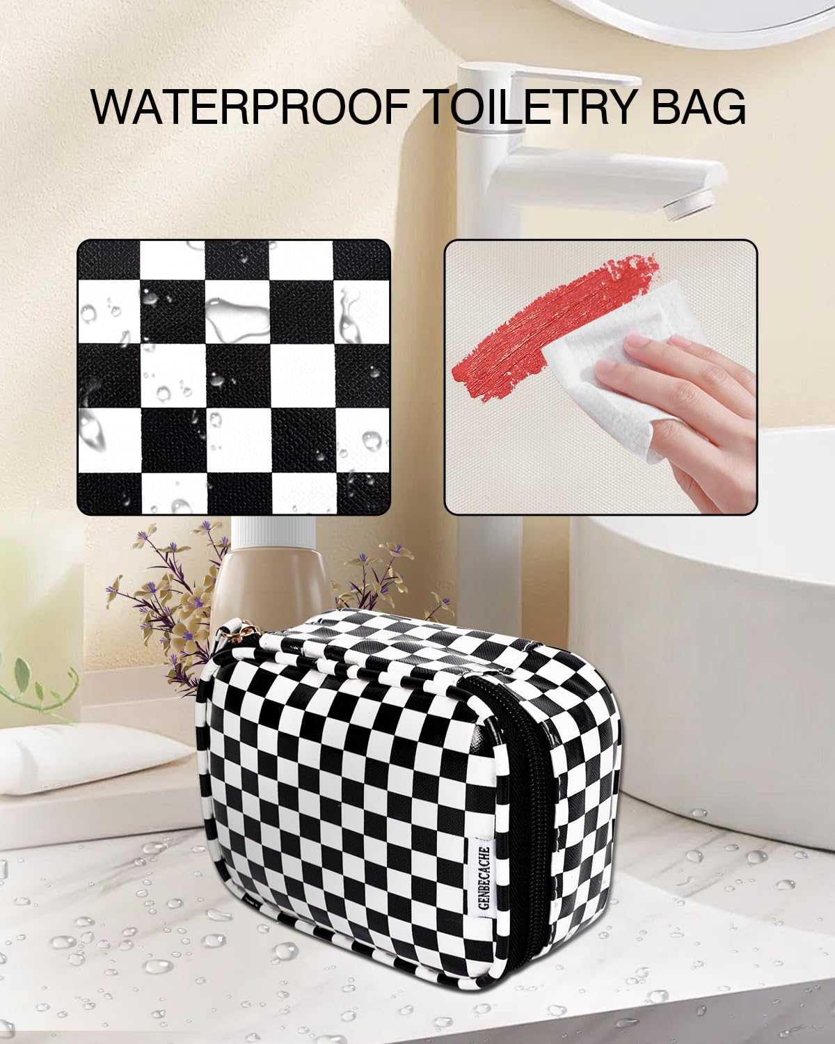 Waterproof Travel Makeup Bag for Women - Small Checkered Cosmetic Organizer with Zipper & Wrist Strap | Durable Toiletry Pouch for Airplane, Gym & Weekend Getaways | Black Packing Cube for Cosmetics & Essentials