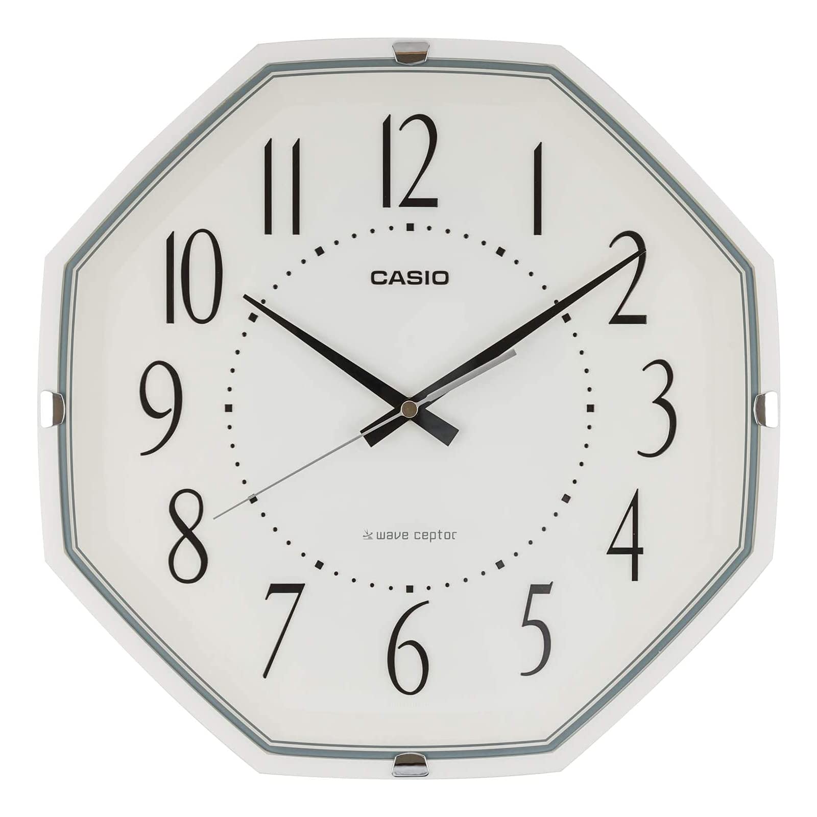 CASIO IQ-1007J-7JF White Octagonal Wall Clock with Radio - 13 Inch (33 cm) Analog Alarm Clock for Home, Office, Kitchen & Classroom Decor