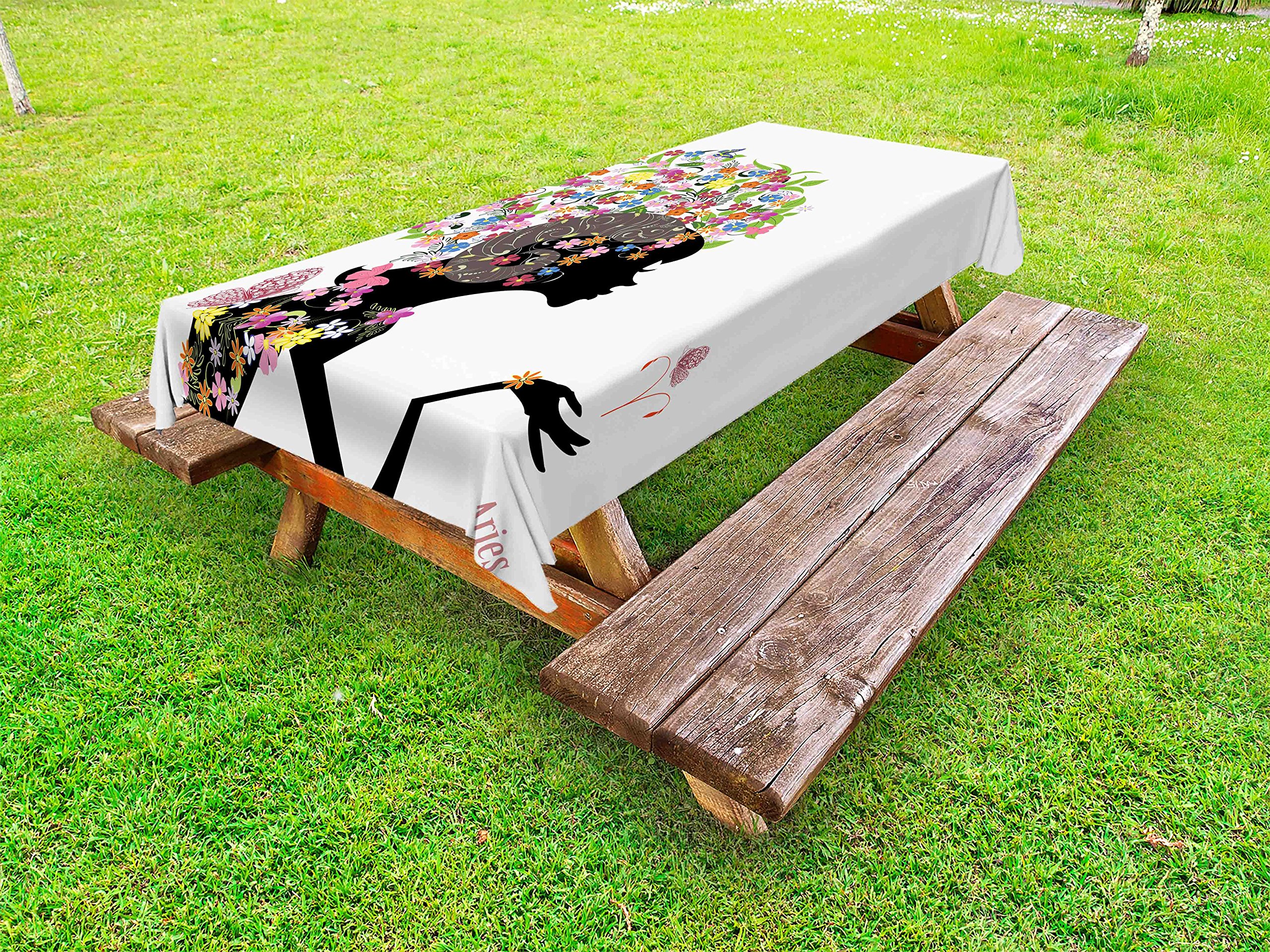 Ambesonne Zodiac Aries Outdoor Tablecloth - Washable Picnic Table Cover with Floral Dress Design, 58x84 Inches Multicolor for Garden Parties, BBQs & Outdoor Dining