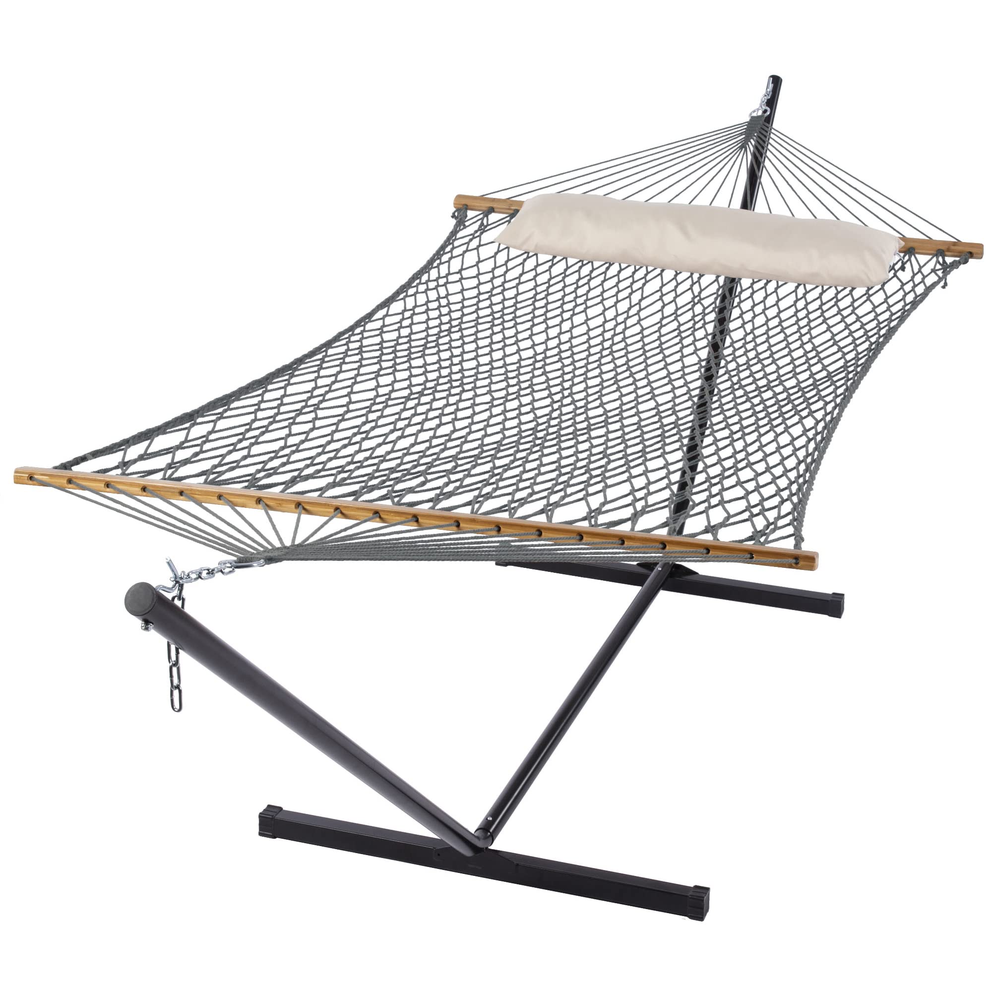 **SUNCREAT Portable Double Hammock with Stand - Soft Pillow Included, Comfortable Outdoor & Indoor Relaxation, Perfect for Backyard, Beach, Camping (Gray)**
