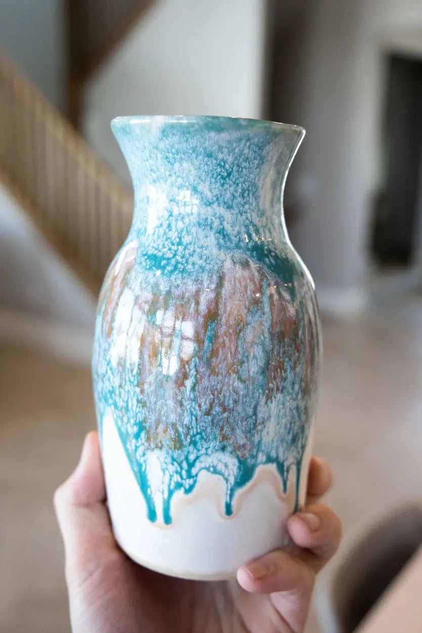 Decorative Ceramic Flower Vase - Cream, Turquoise & Cinnamon Stick Colors | Elegant Home Decor for Living Room, Dining Table & Wedding Centerpieces